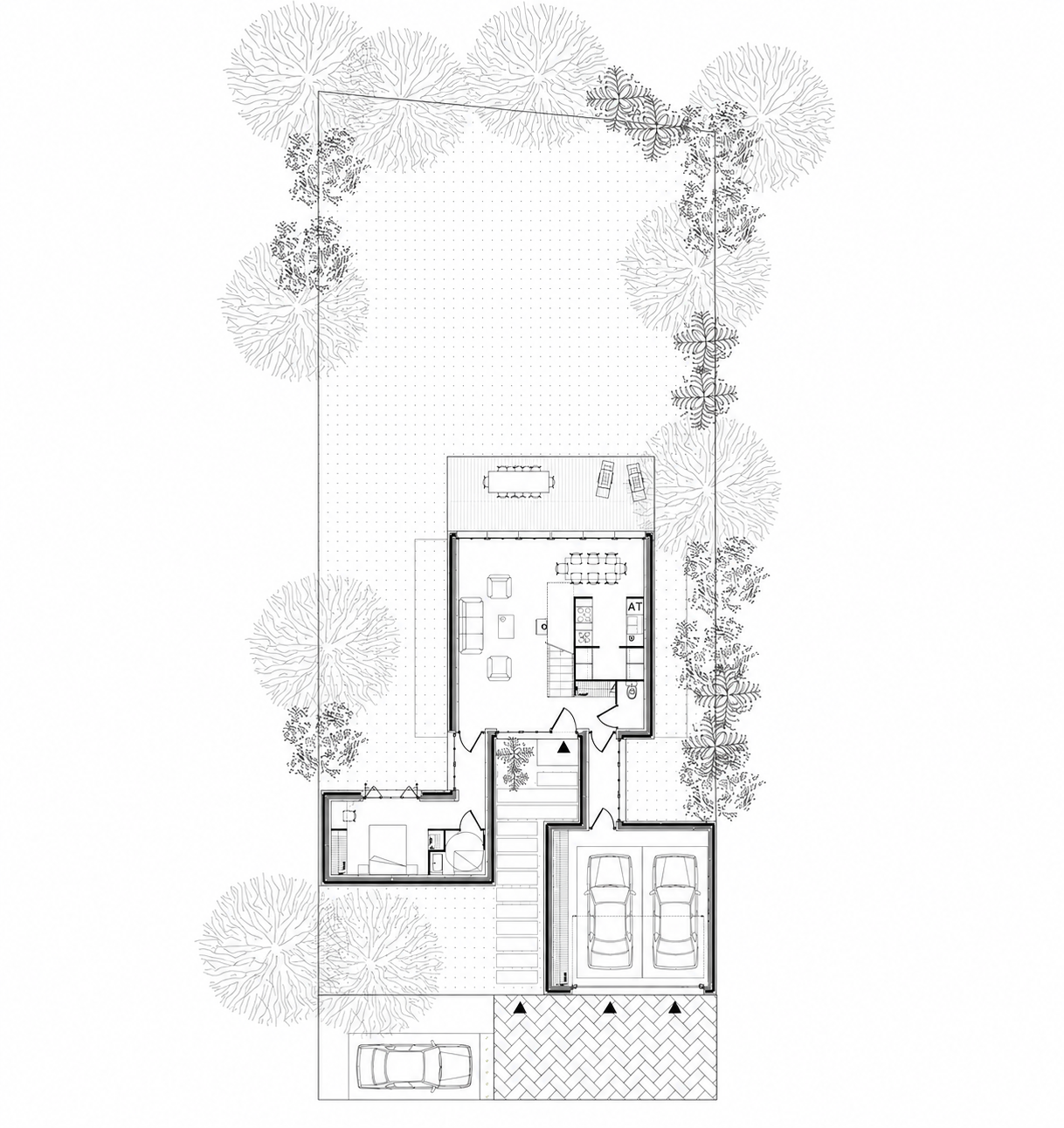 Plan architectural d'une maison avec jardin, comprenant un garage pour deux voitures, une chambre, une salle de bain, un salon, une cuisine, une salle à manger, un bureau et un espace extérieur avec des arbres et une terrasse.