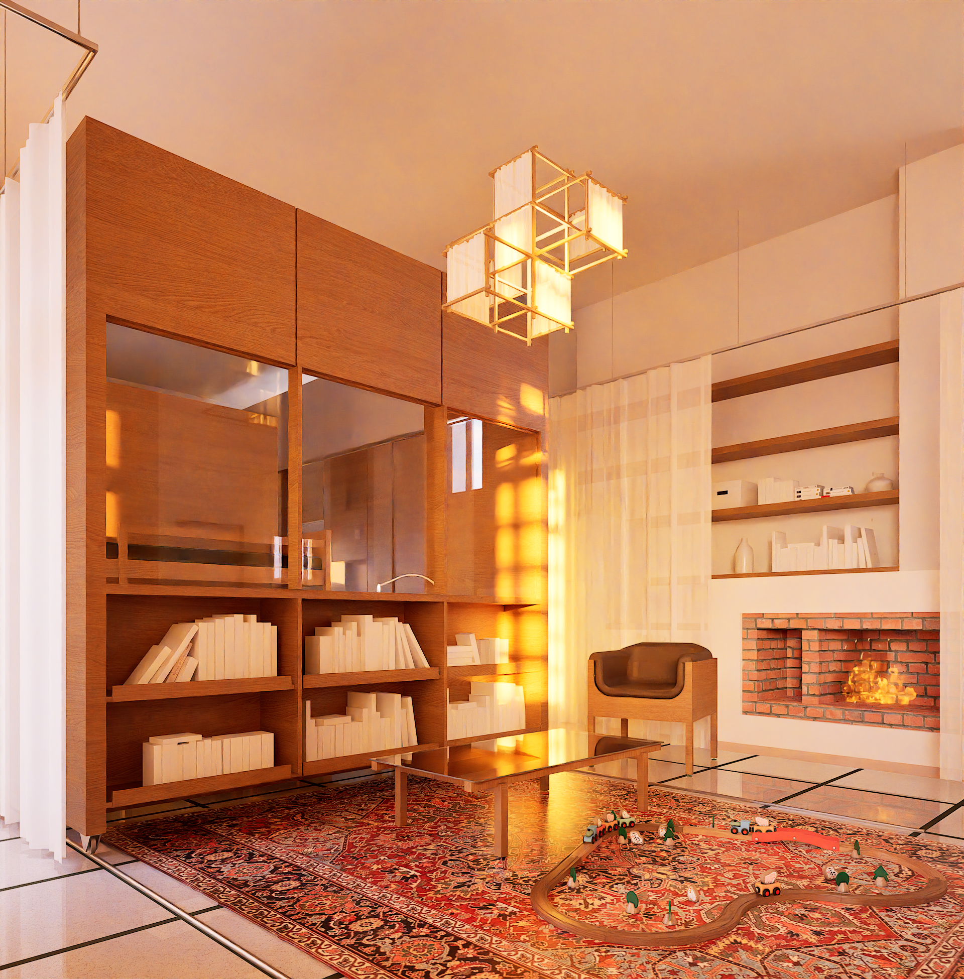 Salon intérieur avec une bibliothèque en bois, un tapis persan, un fauteuil en cuir, une cheminée en briques, un plafond avec une structure en bois et une lampe suspendue. Jeux de jouets pour enfants sur le tapis.