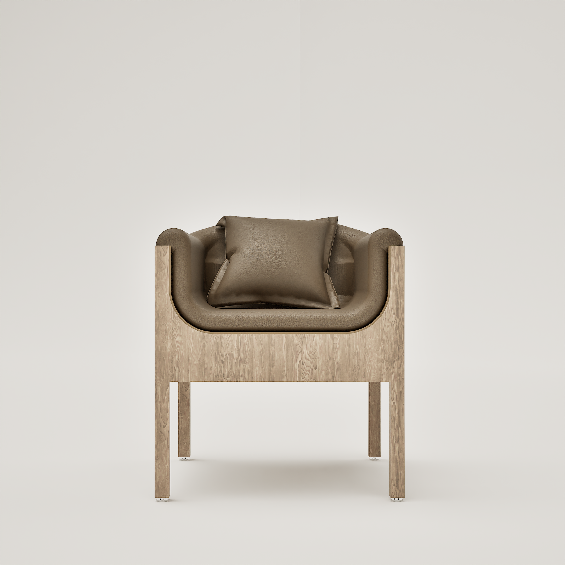 Chaise en cuir beige avec coussin et table en bois claire à côté, sur fond blanc