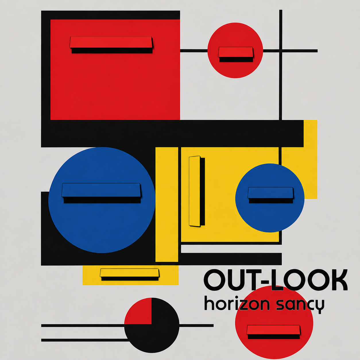 Affiche abécédaire en style géométrique avec formes colorées : carrés rouges, jaunes, bleus, cercles, et lignes noires sur fond gris, avec le texte 'OUT-LOOK horizon sancŷ' en lettres noires et rouges.