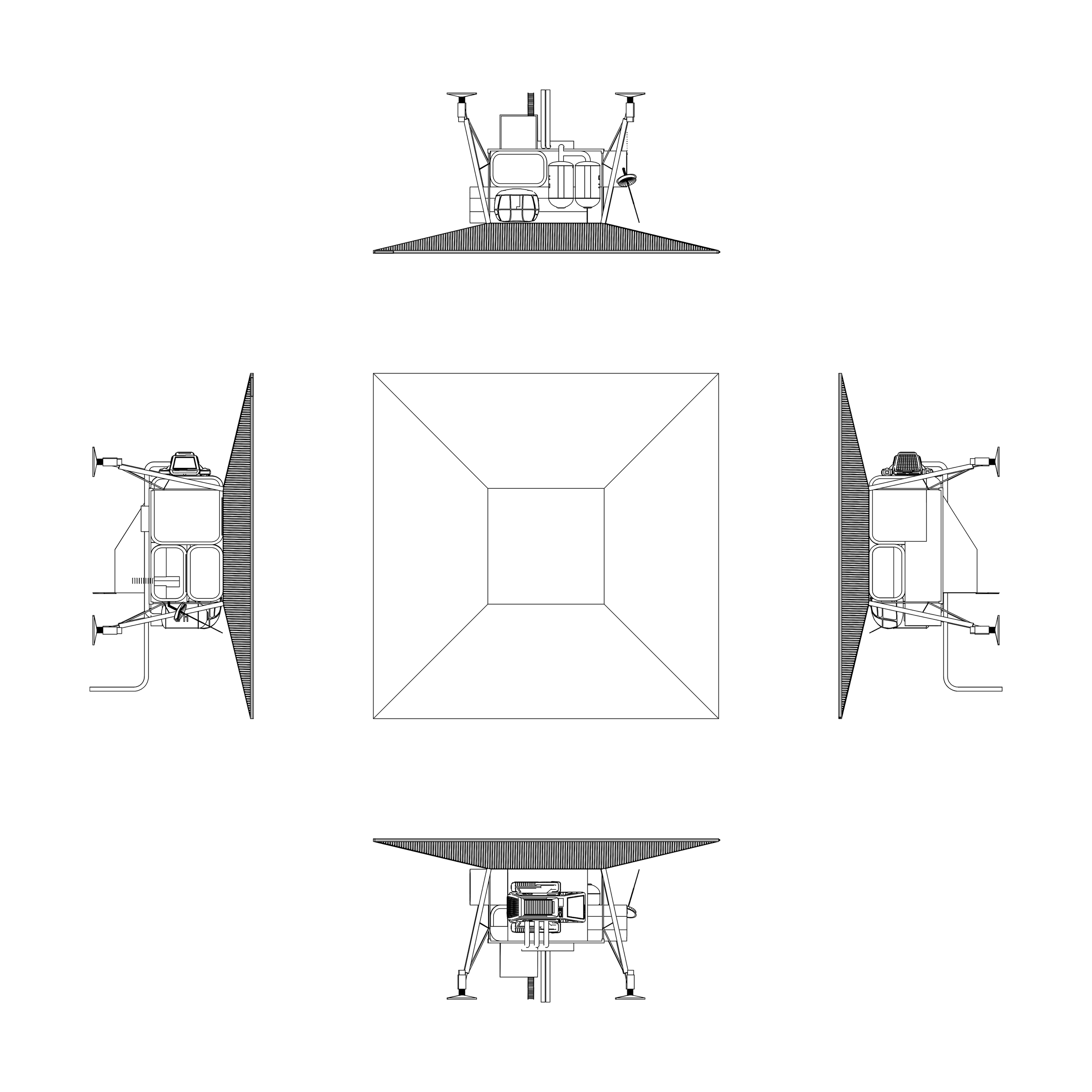Schéma technique d'une structure spatiale avec plusieurs modules, propulseurs et antennes, vue en plan.