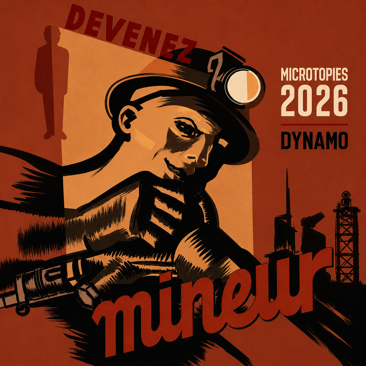 Affiche artistique en tons orange et noir avec une illustration stylisée d'une femme portant un casque de chantier, des éléments industriels en arrière-plan, et textes en français mentionnant "Devenez mineur, microtopies 2026, Dynamo".