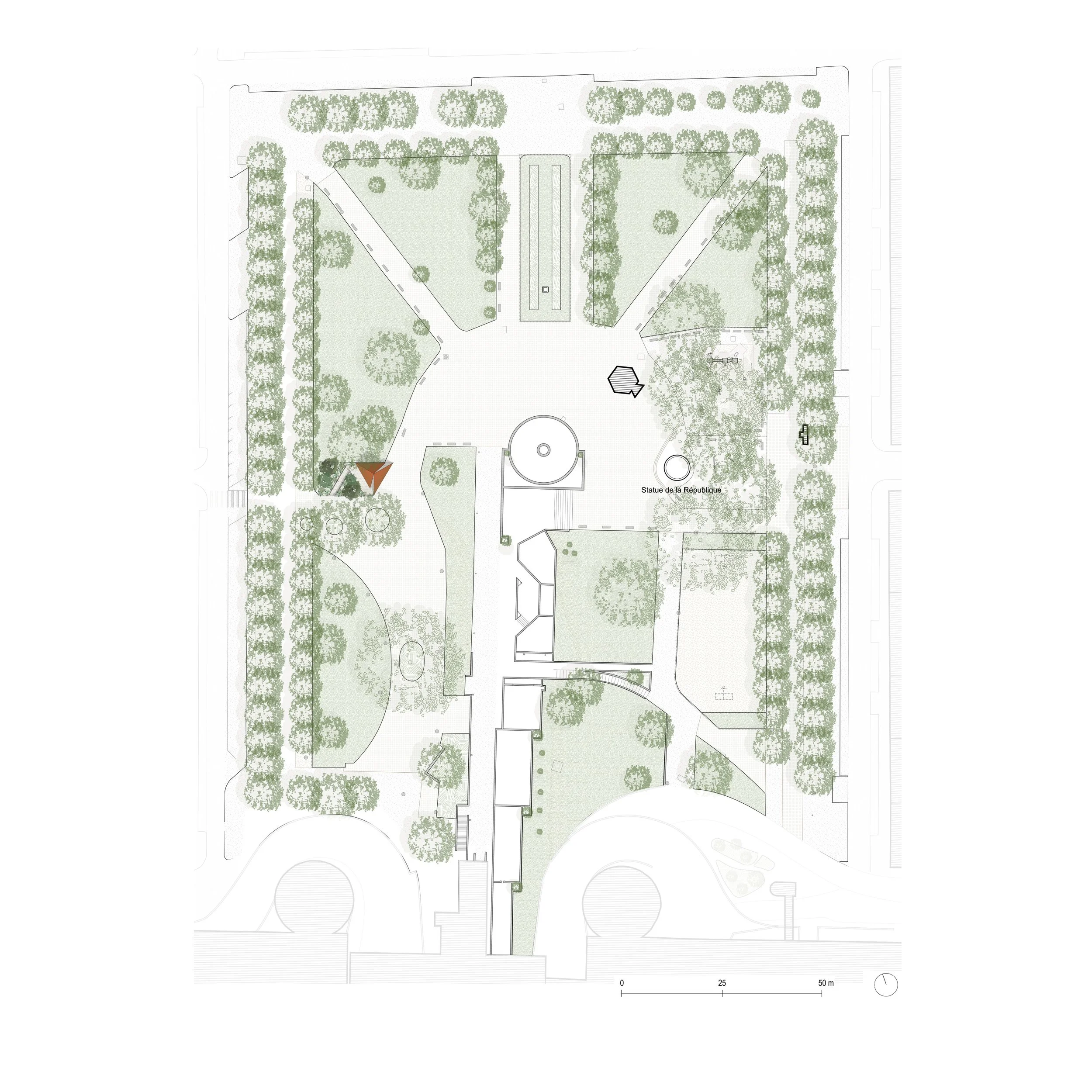 Plan architectural d'un parc ou espace vert avec arbres, chemins et structures. La légende indique une statue de la République et une échelle de distance.