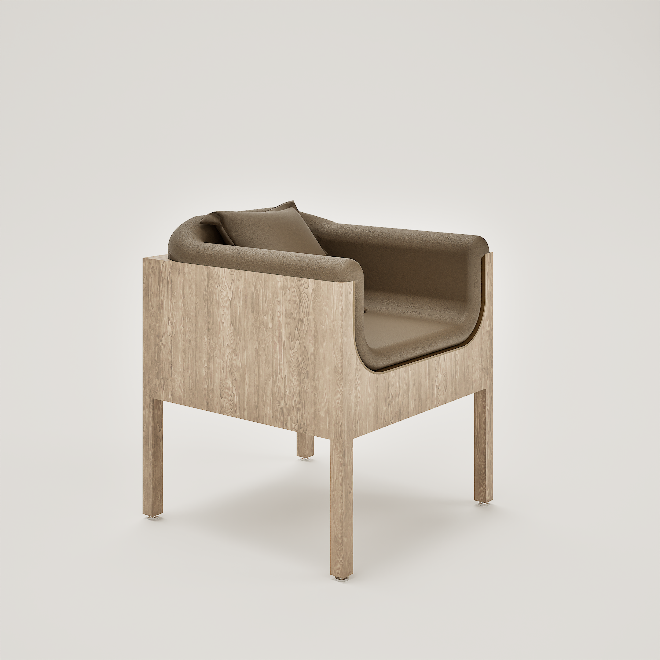 Un canapé en tissu marron clair sur une structure en bois clair, avec un coussin assorti, placé contre un mur blanc