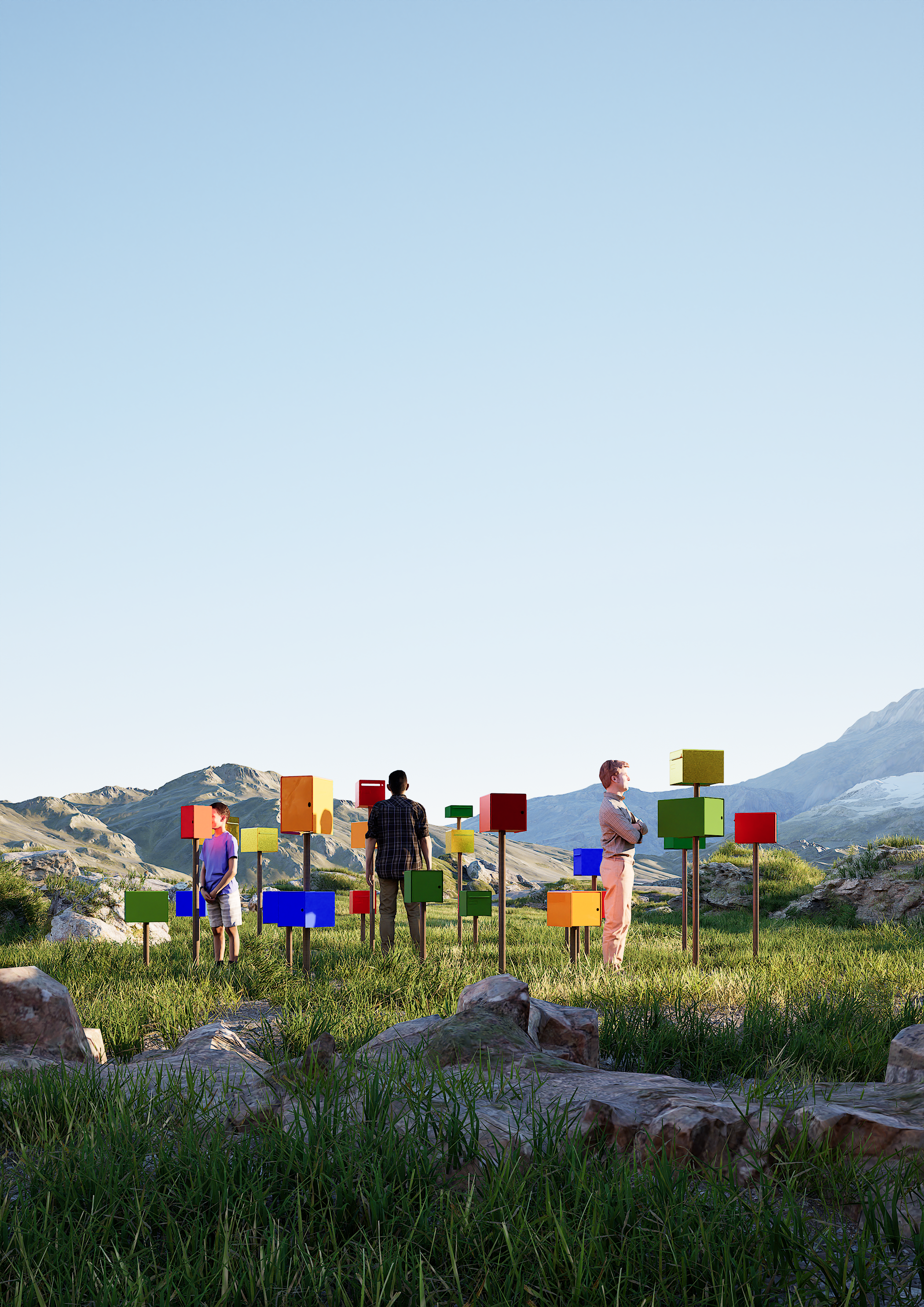 Trois personnes dans un paysage montagneux avec des sculptures colorées en forme de cubes sur des piquets.