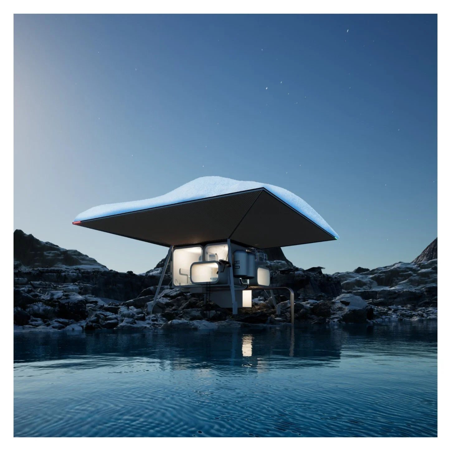 Une structure futuriste flottante au-dessus d'un lac, entourée de montagnes enneigées sous un ciel étoilé.