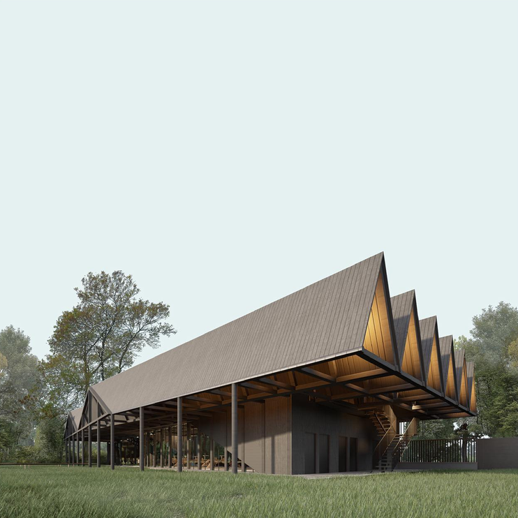Vue d'un bâtiment moderne avec un toit en relief, structure en bois et un espace ouvert en dessous, entouré d'arbres et d'une pelouse.