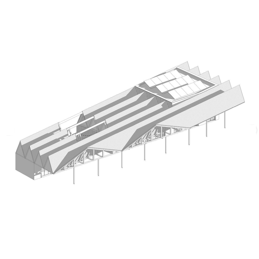 Schéma d'une structure de bâtiment avec un toit en pente, une section supérieure en verre, et des supports en colonnes, vue en perspective