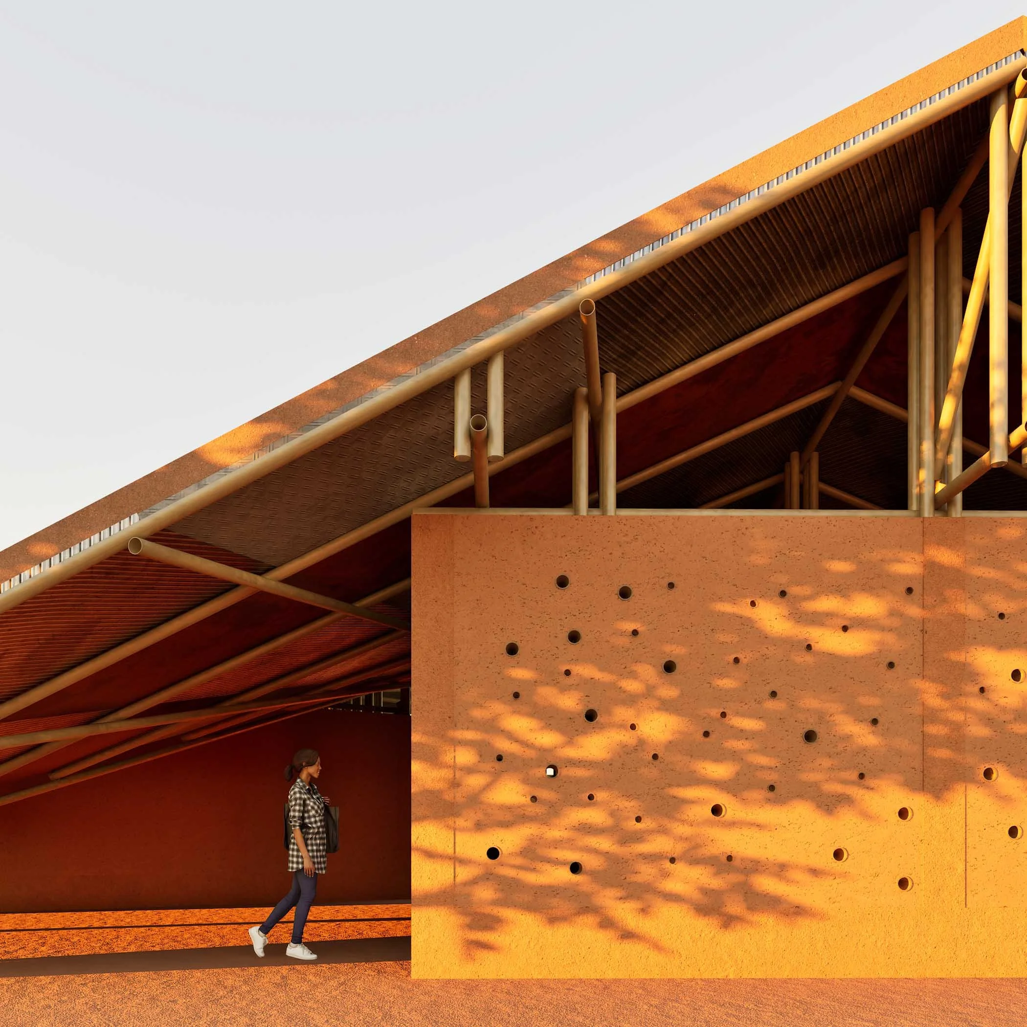 Deux personnes qui marchent dans un bâtiment moderne avec une architecture en bois et en métal, lumière chaude, et un plafond perforé avec des lumières intégrées.