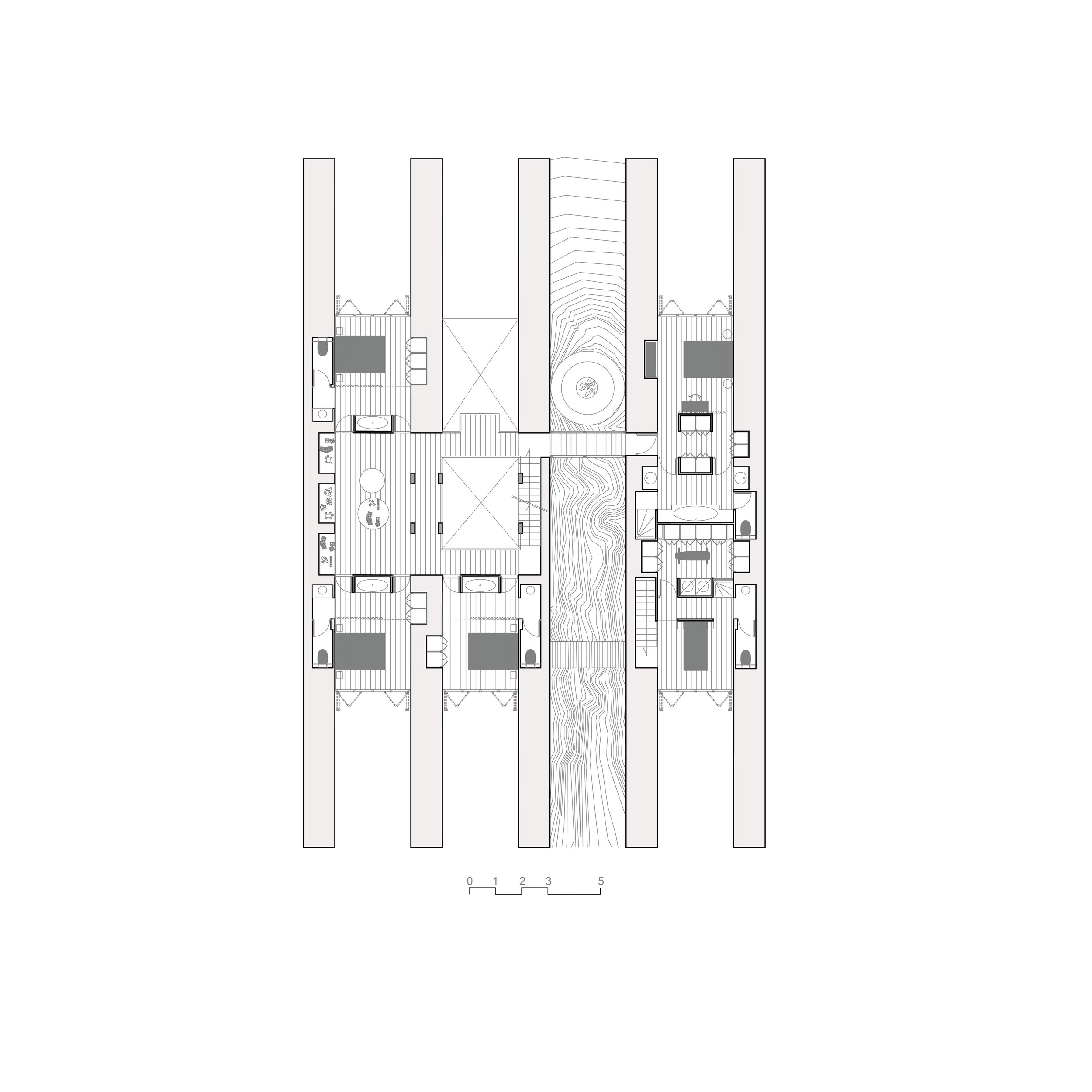 Plan architectural détaillé d'une résidence, montrant différentes pièces et espaces intérieurs.