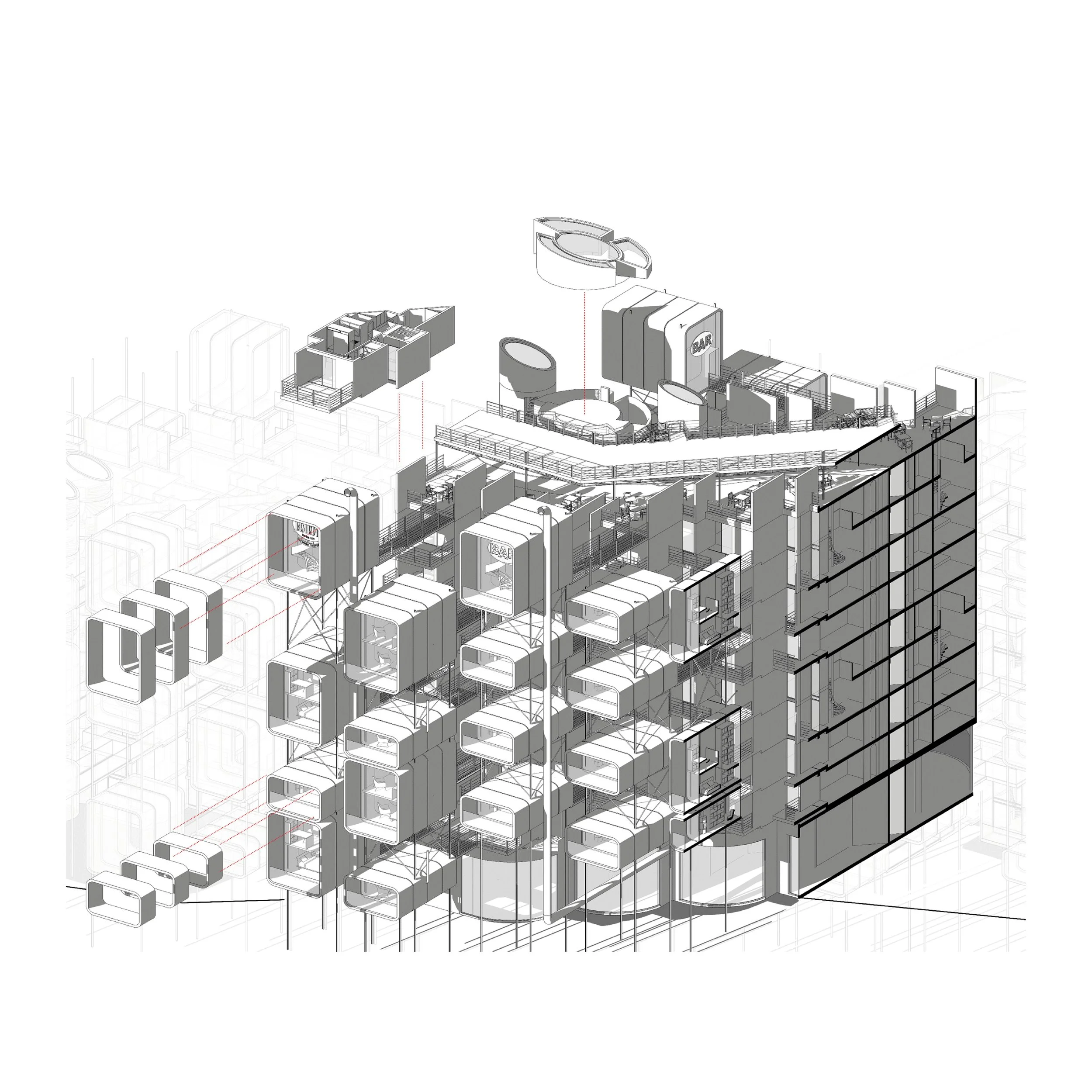 Un plan architectural en 3D d'un bâtiment multifonctionnel avec plusieurs étages, balustrades, espaces pour bars et diverses pièces de différentes tailles.