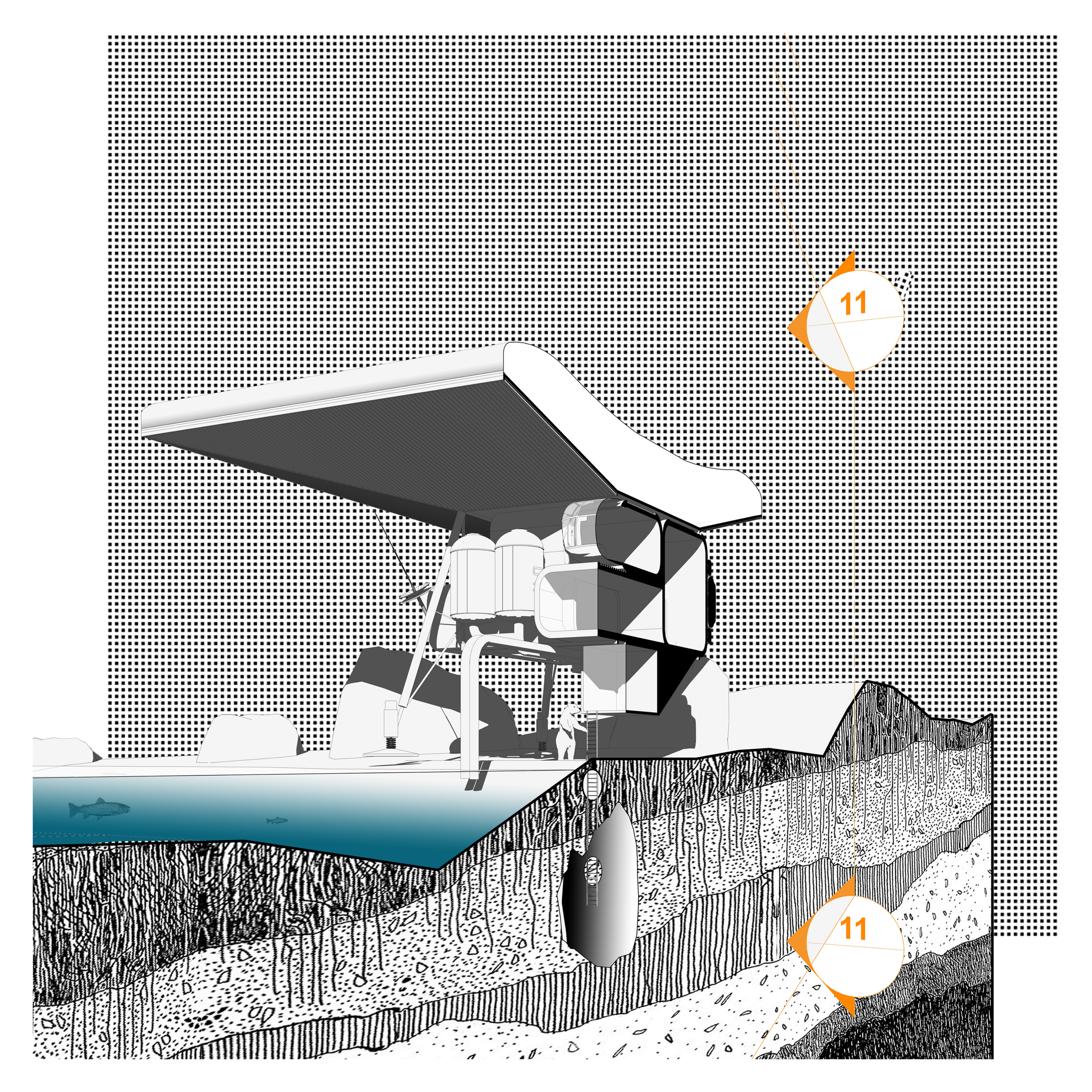 Une illustration montrant un paysage sous-marin avec un grande cage avec un requin, un pêcheur à côté, une mer avec d'autres poissons, une falaise avec des arbres et une montagne en arrière-plan.