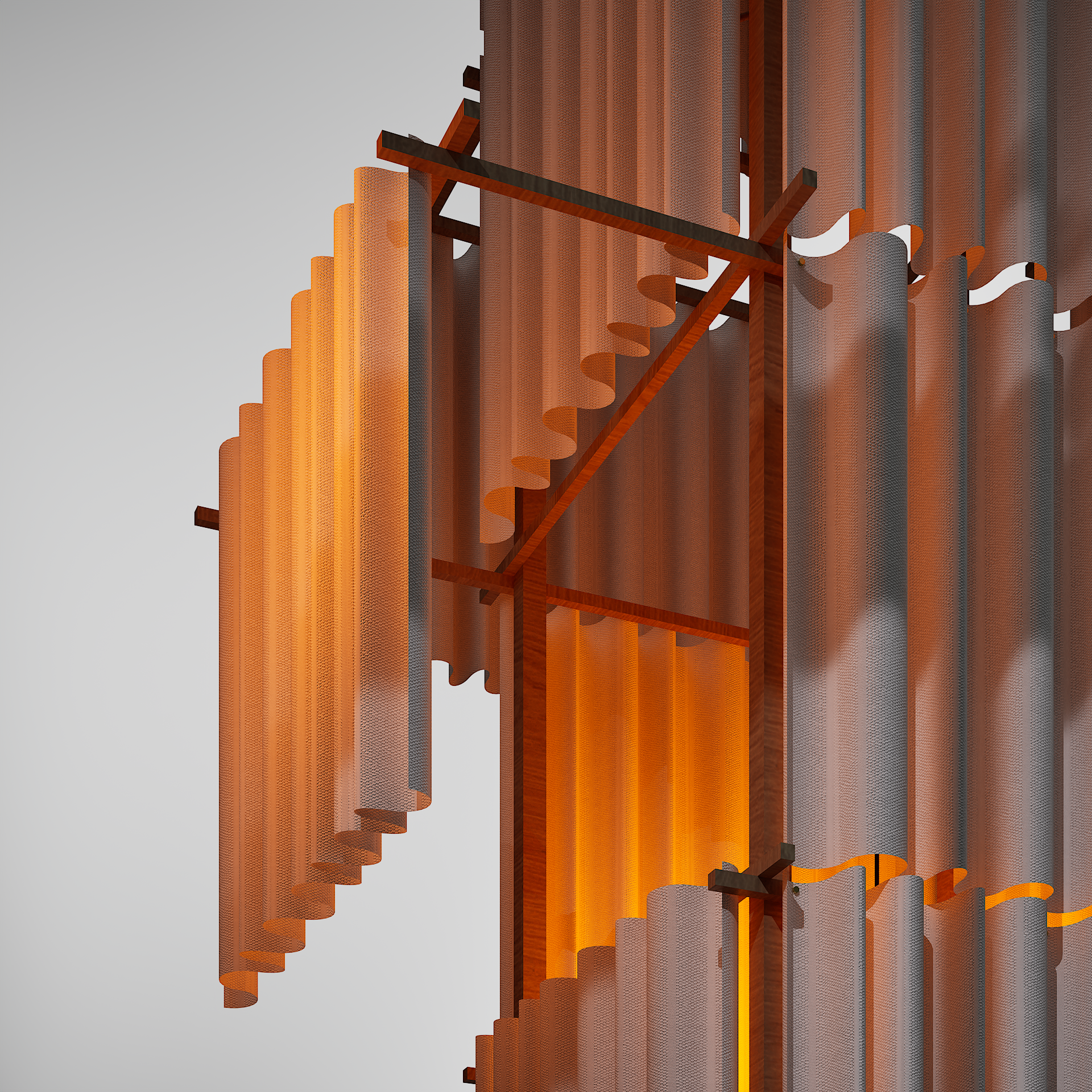 Structures en métal orange formant un motif géométrique complexe avec des faces réfléchissantes et des éléments en bois. Un fond gris clair.