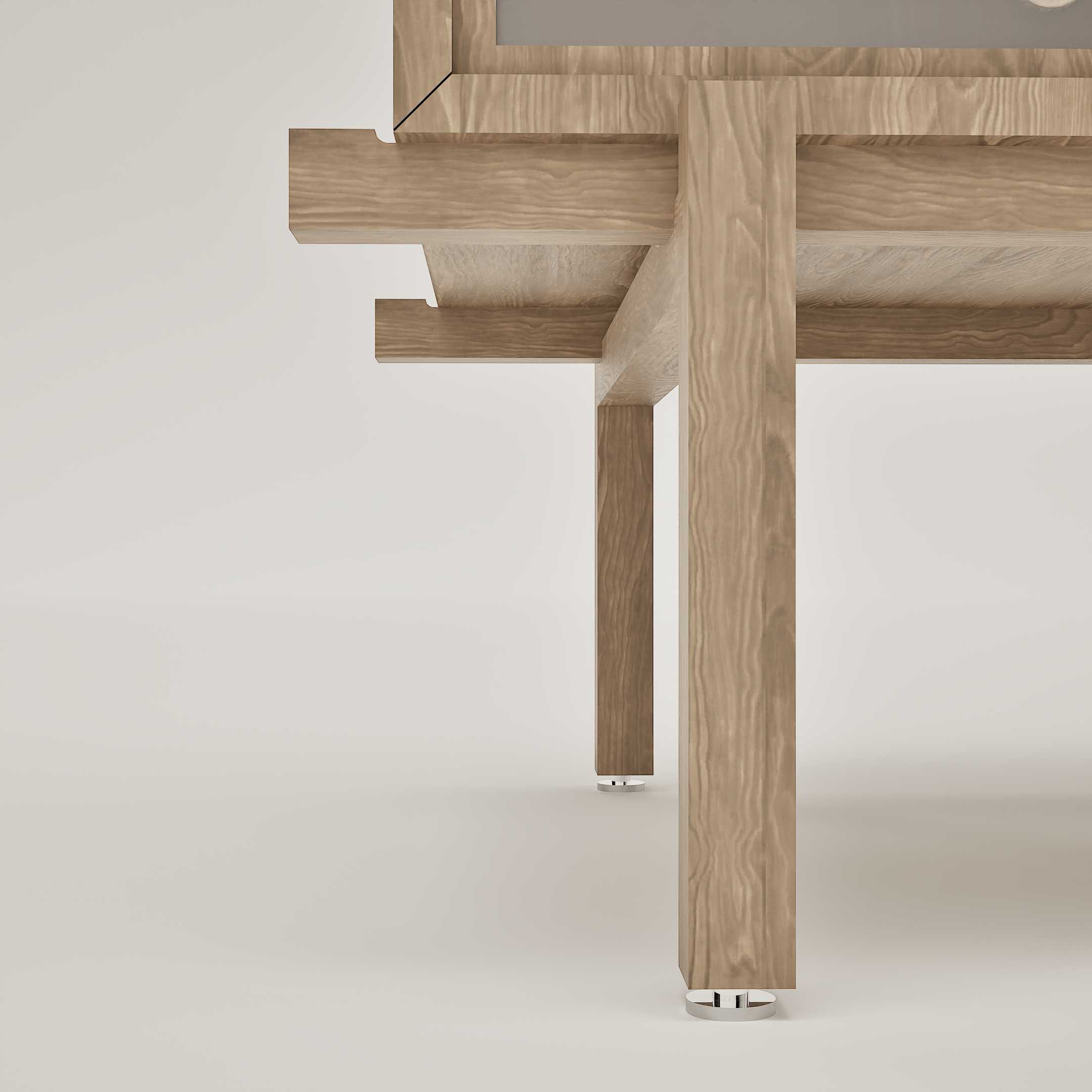 Une vue en plongée d'une table en bois avec une structure en bois assortie, montée sur un pied métallique.