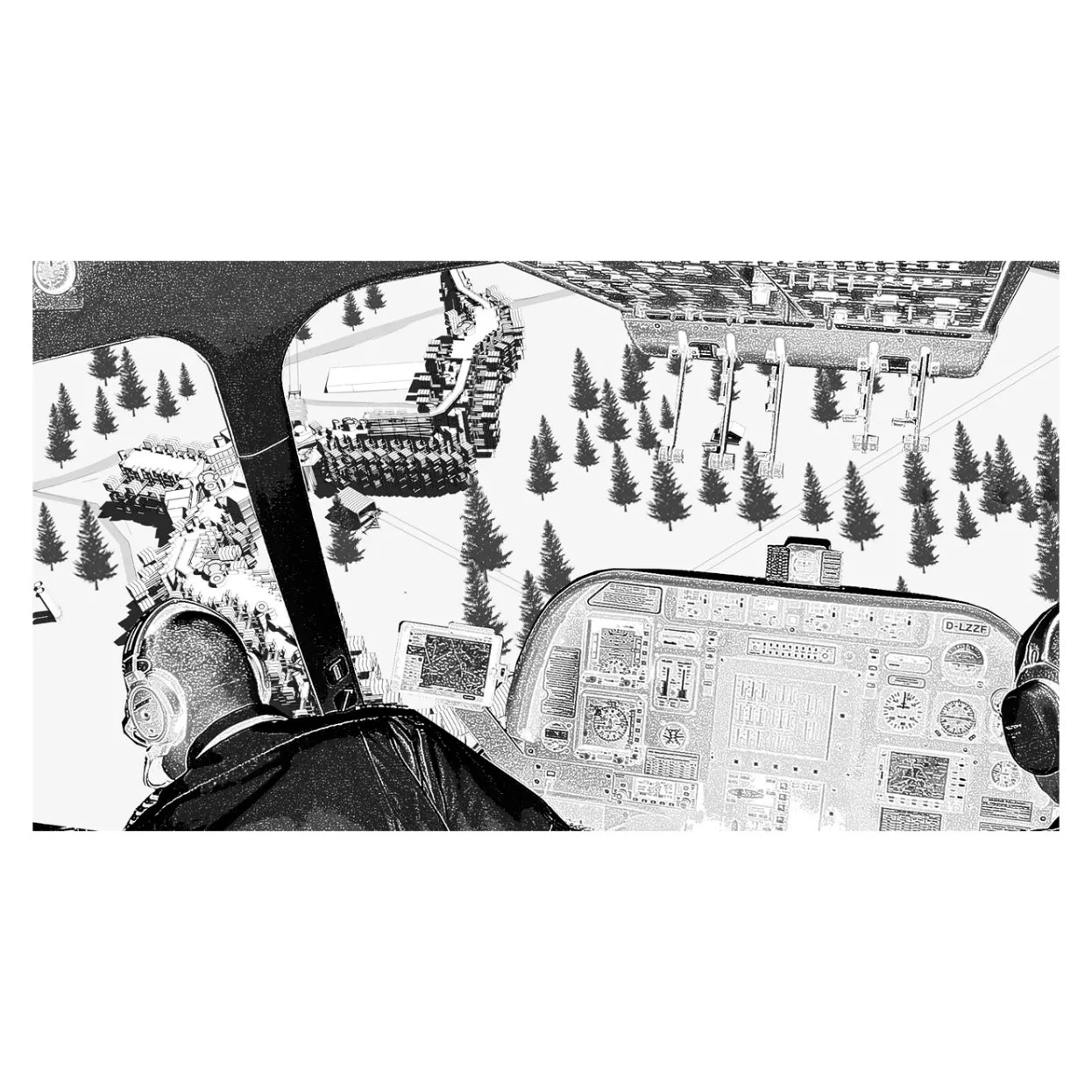 Vue depuis le cockpit d'un hélicoptère sur un paysage enneigé avec des arbres, un parking, et des bâtiments. Le tableau de bord et les commandes de l'hélicoptère sont visibles.