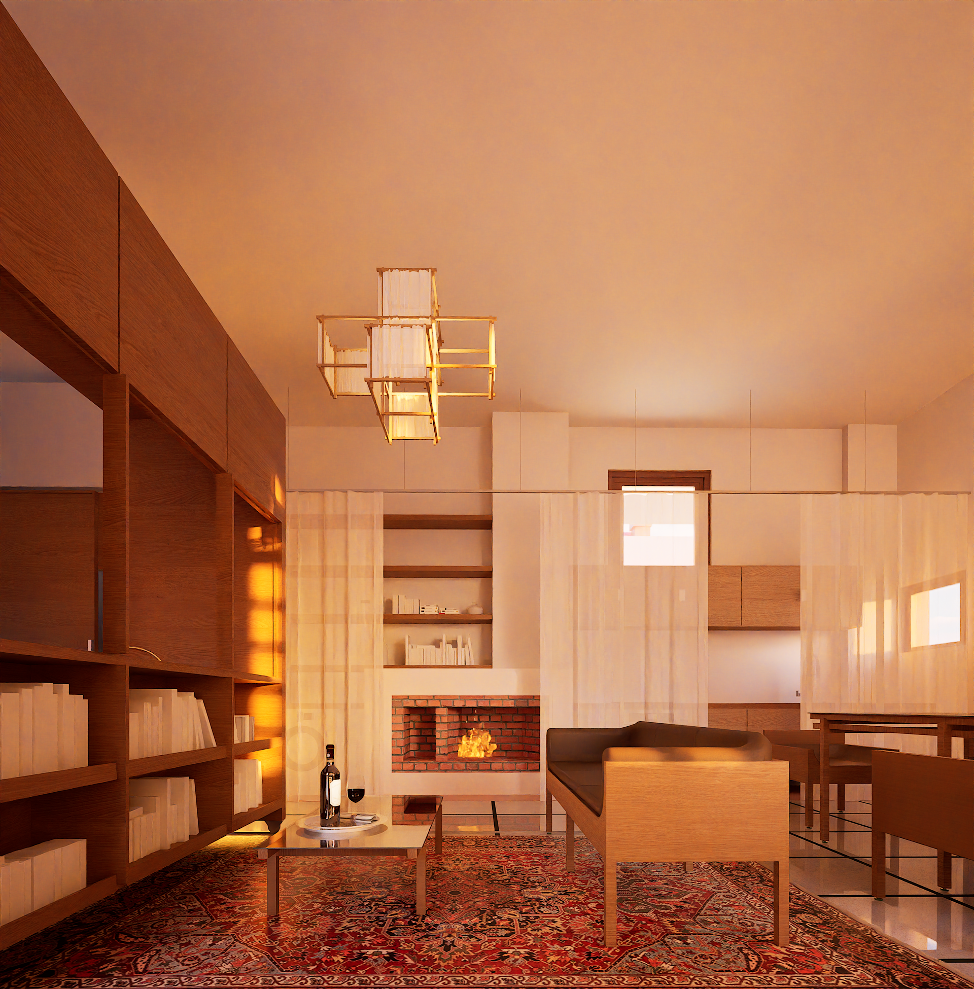 Salon moderne avec cheminée en briques, tables basses, canapés, étagères en bois, tapis oriental, éclairage suspendu et bouteilles de vin sur la table, sous un plafond jaune
