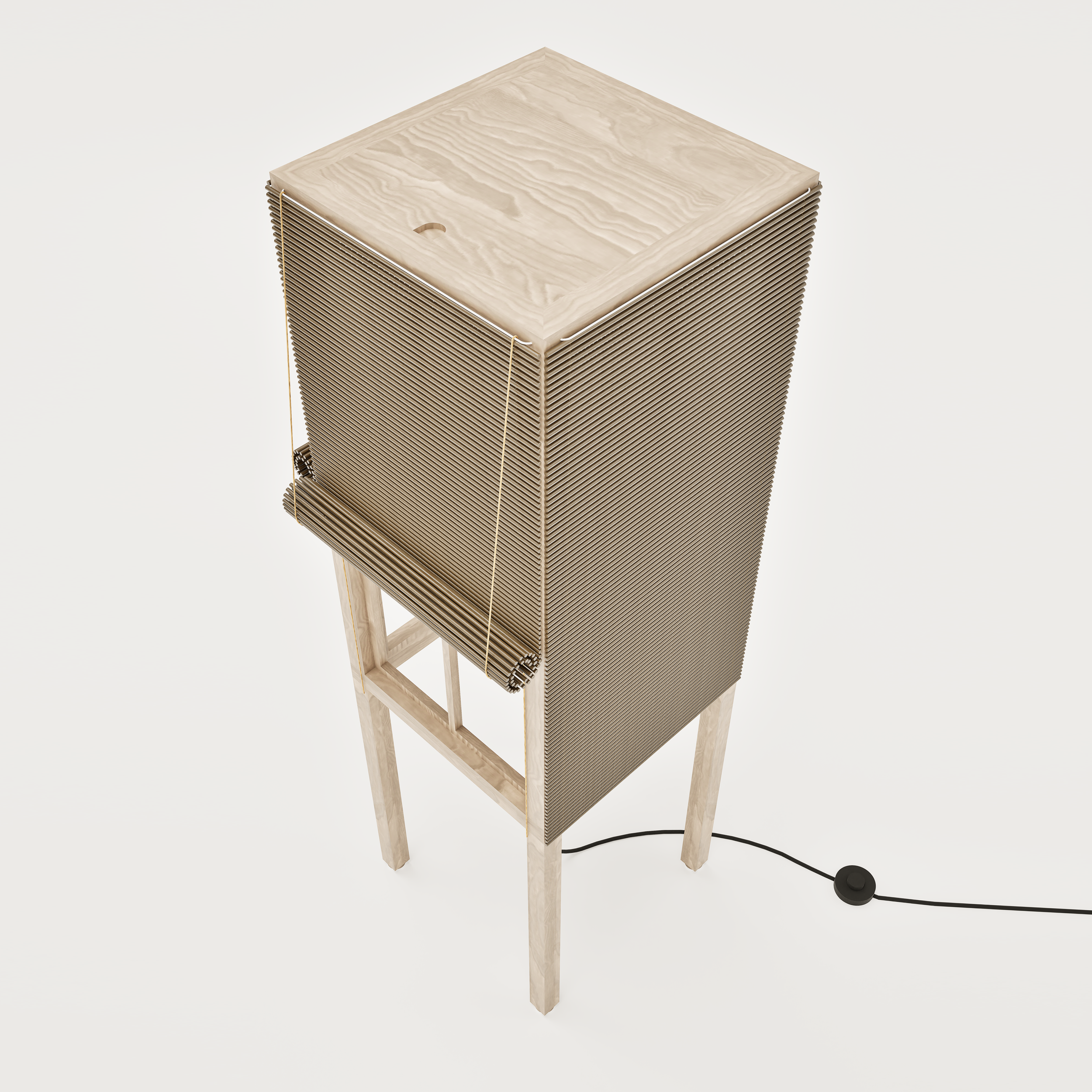 Étagère en bois avec roulettes, câble connecté à une prise électrique, vue de dessus.