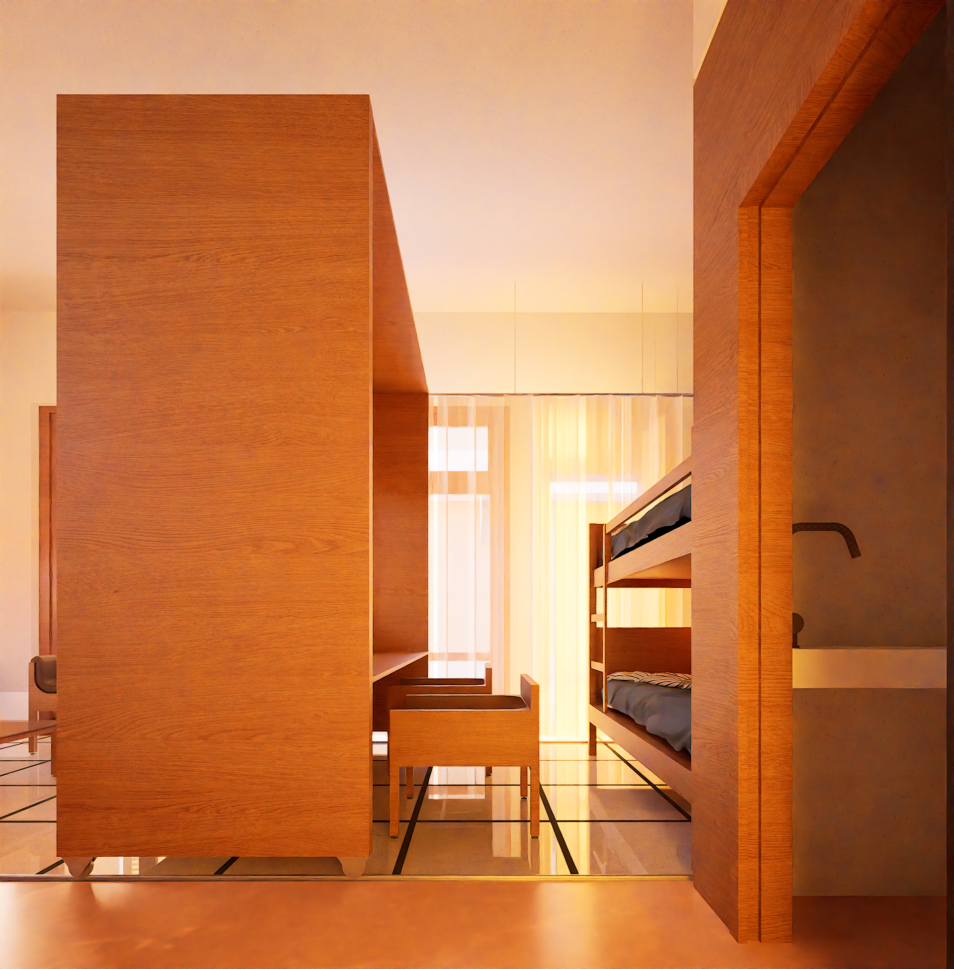 L'intérieur d'une chambre avec des lits superposés en bois clair, une fenêtre avec des rideaux transparents laissant passer la lumière, et un sol carrelé noir et blanc.