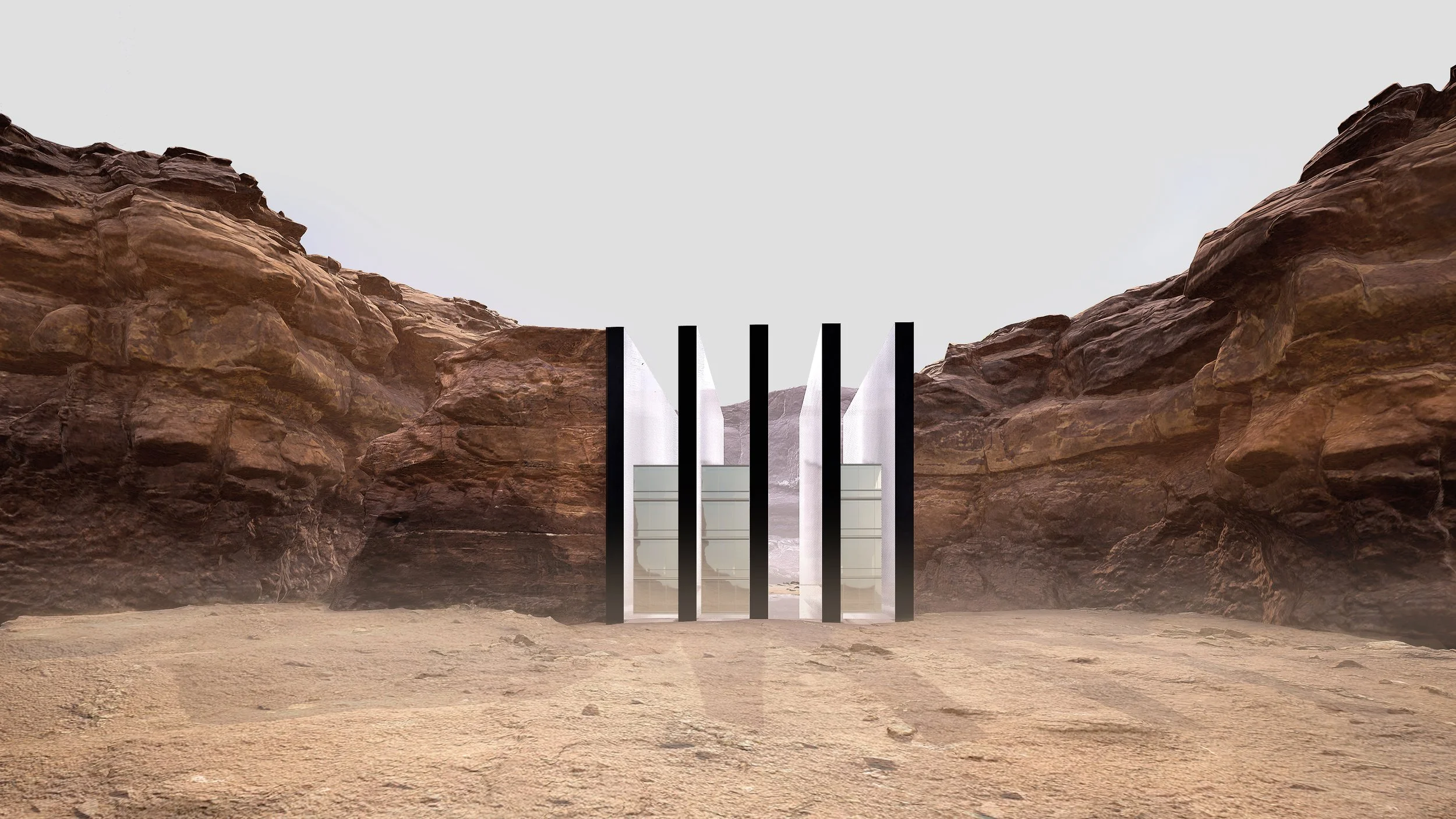 Une structure moderne avec des murs blancs et des fenêtres en verre, située entre deux formations rocheuses rouges dans un désert.