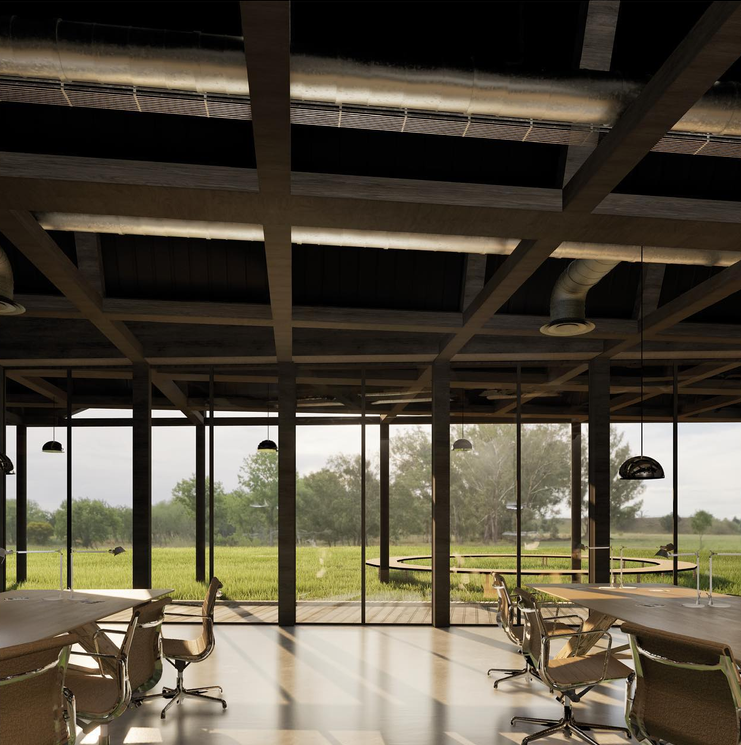 Une salle de réunion moderne avec de grandes fenêtres en verre et une vue sur un paysage verdoyant, des chaises de bureau et une table de conférence.