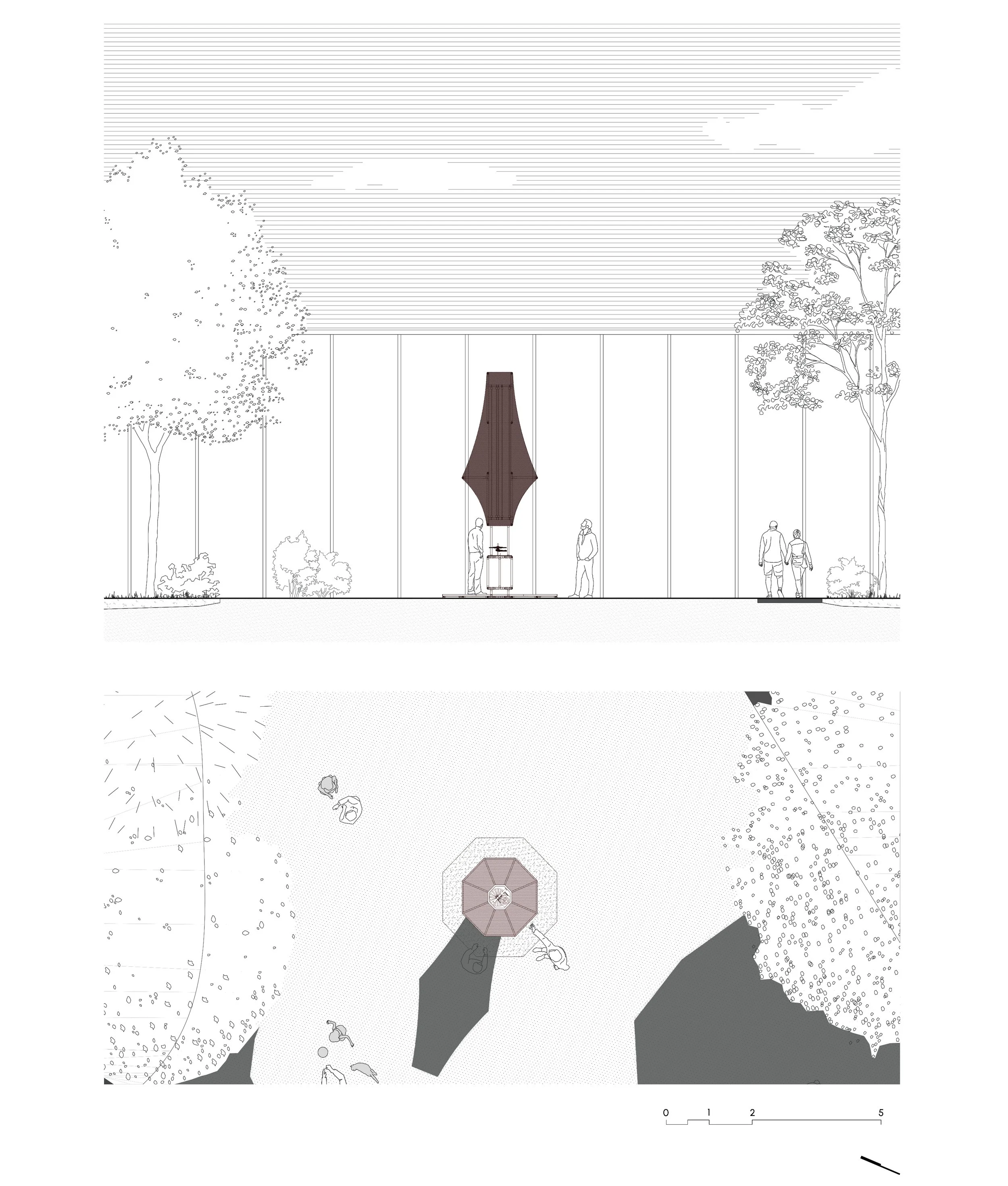 Plan architectural d'un espace public avec arbres, zones de détente, et un point central avec un parasol. Niveau supérieur montre une façade avec des fenêtres ou portes, et des personnes en train de se réunir ou discuter.