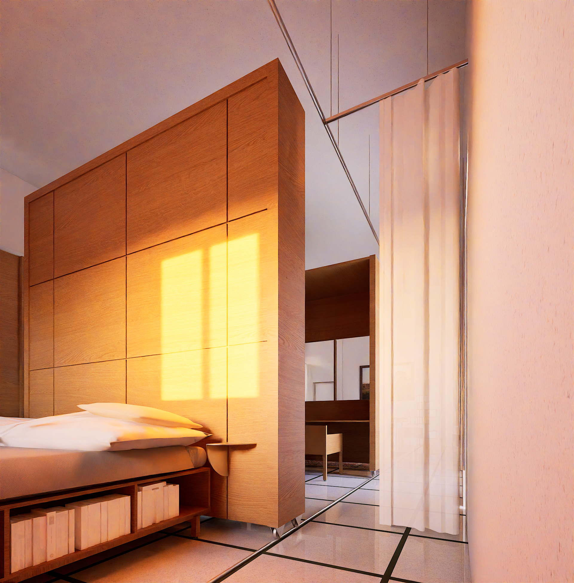Intérieur moderne d'une chambre avec lit, tête de lit en bois, étagères et rideaux.