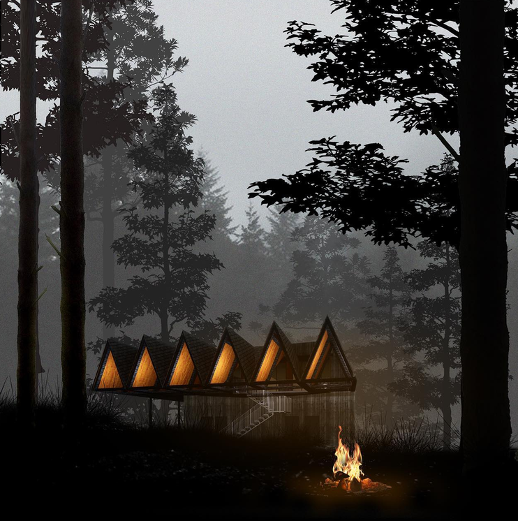 Cabane en forme de triangles lumineux dans une forêt brumeuse, près d'un feu de camp.