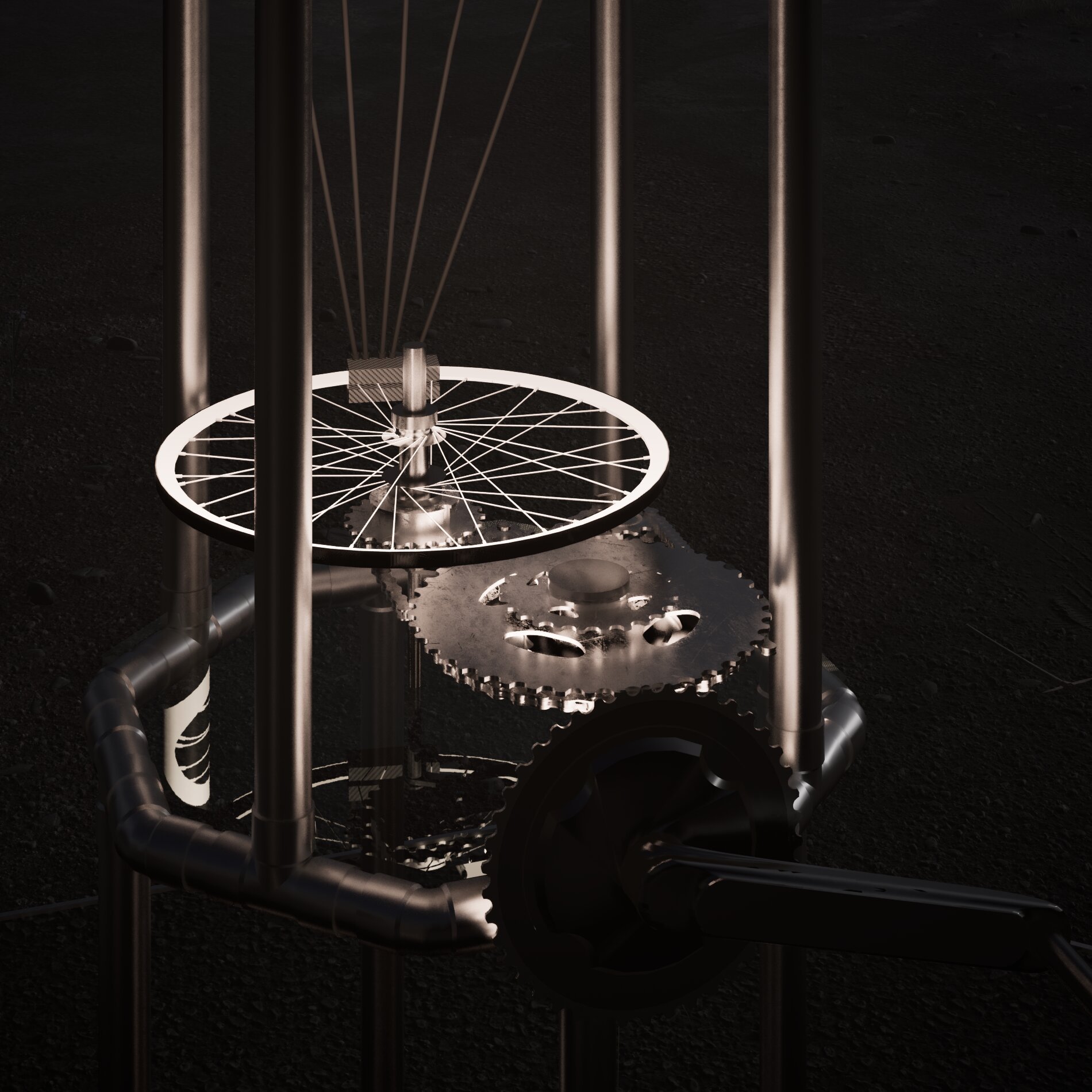 Vue de près d'une sculpture en métal représentant une roue dentée, encadrée par des tubes métalliques, sur un sol noir.