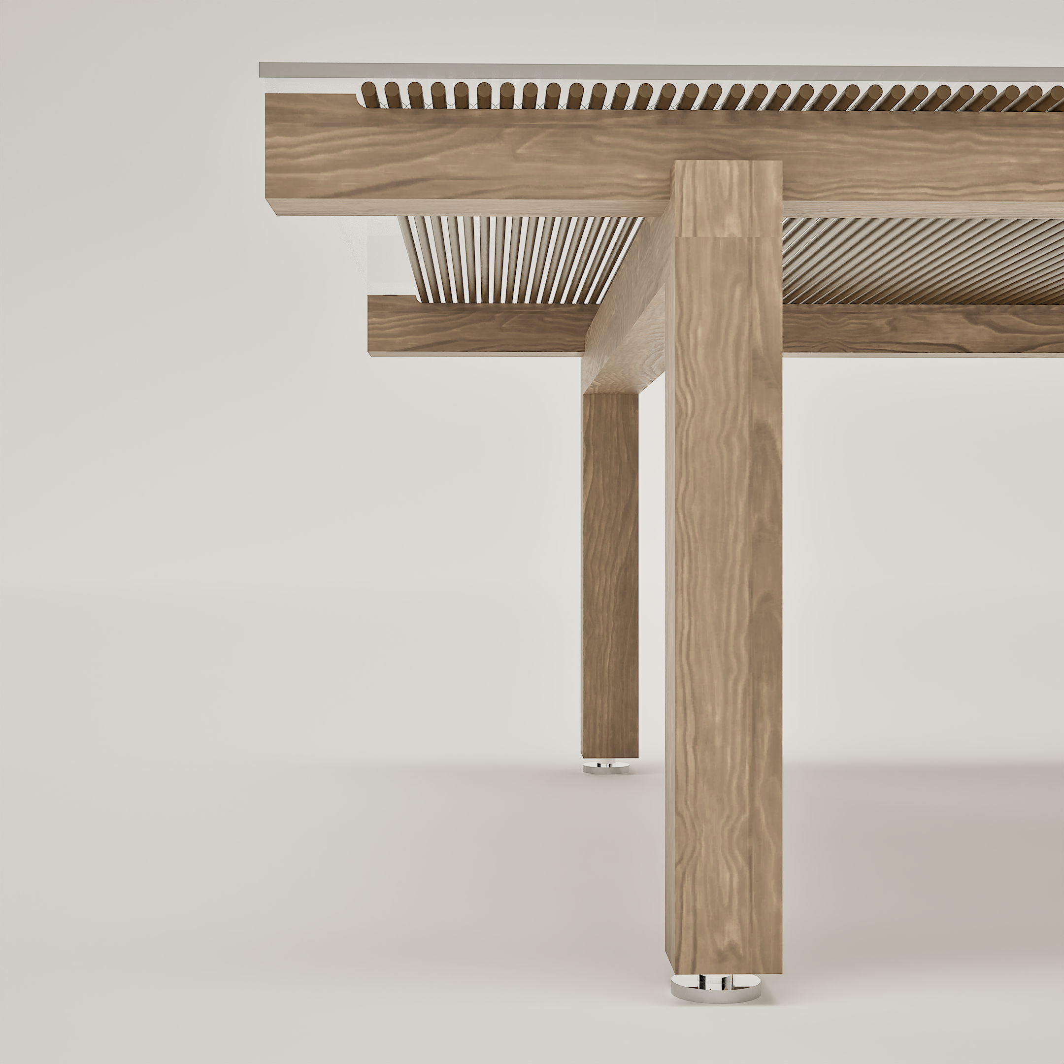 Vue en contre-plongée d'un meuble en bois avec des détails en métal, possiblement un bureau ou une étagère design, avec un piètement métallique visible.