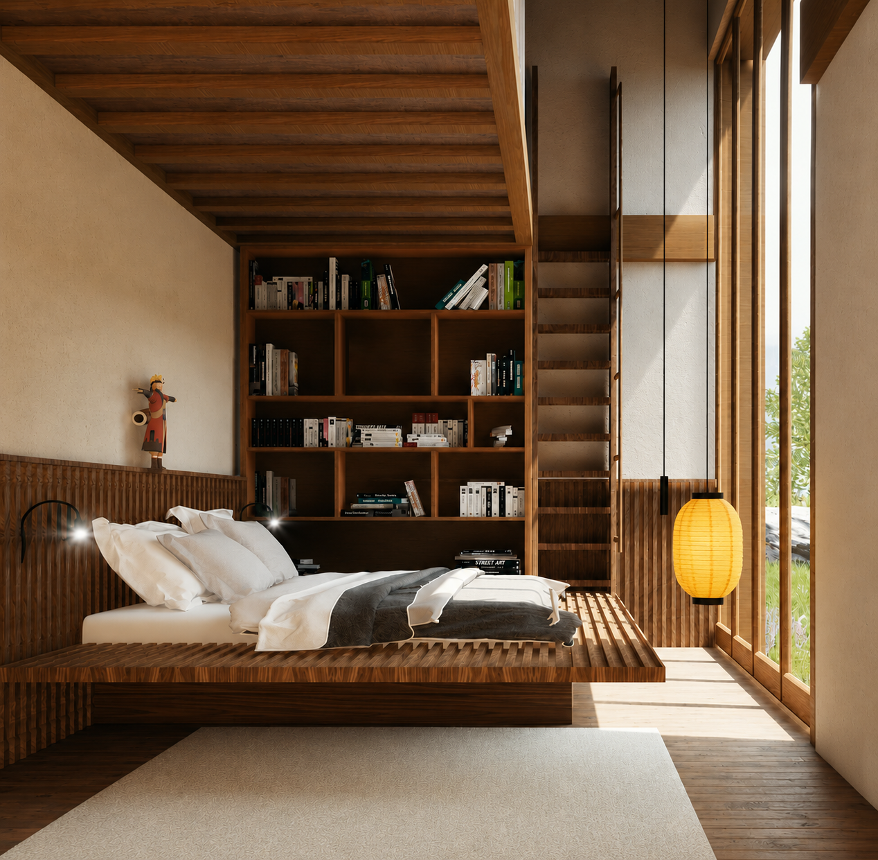 Chambre moderne avec lit en bois, étagère remplie de livres, grande fenêtre avec vue sur la nature, lampion suspendu en papier, ambiance chaleureuse