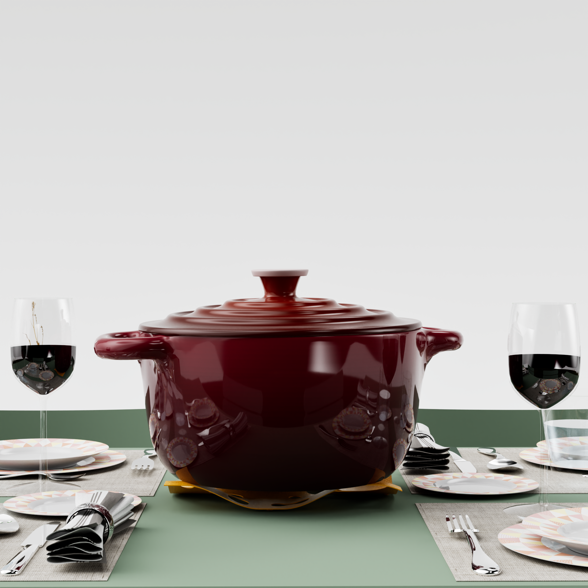 Une table de repas avec des assiettes à motifs, des couverts, des verres remplis de vin rouge, un plat en terre cuite avec un couvercle, des serviettes en papier, un menu, des détails de gestion de table, tout dans un décor moderne sur un fond gris c