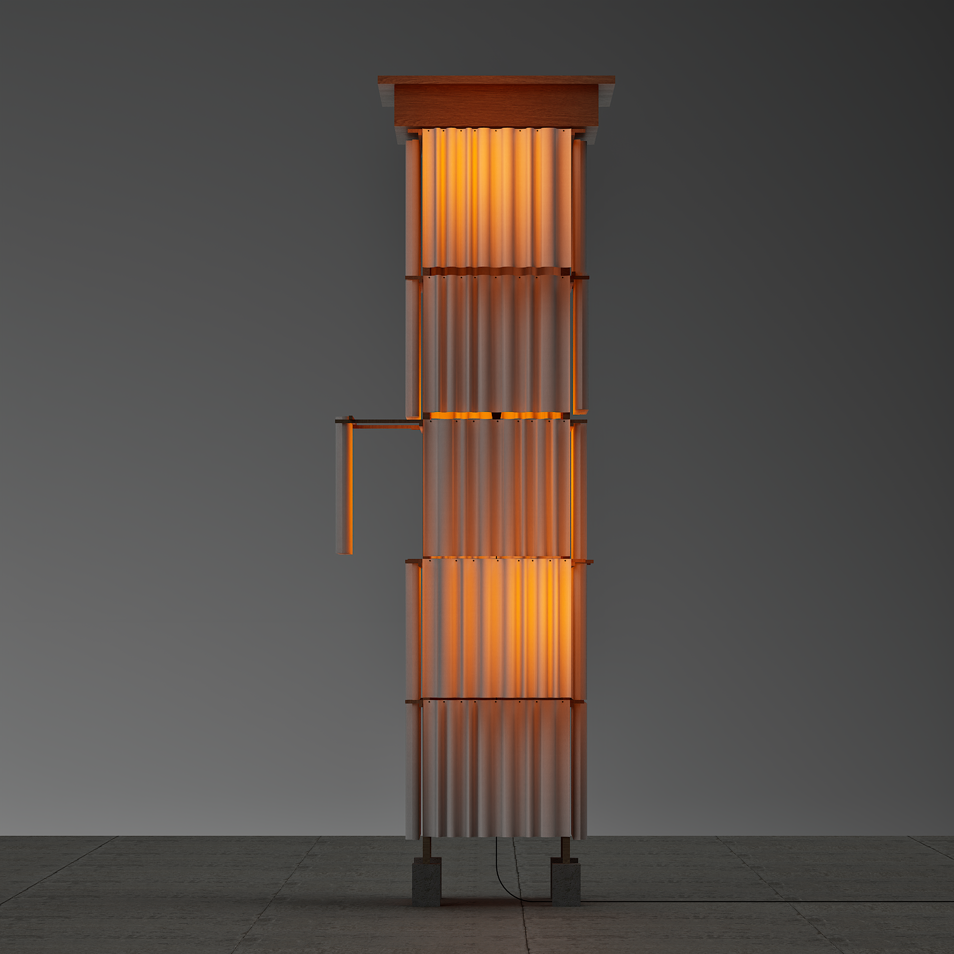Structure en métal et en bois avec un éclairage chaud, positionnée contre un mur sombre, sur un sol en tuiles, visible dans une pièce dotée d'un éclairage tamisé.