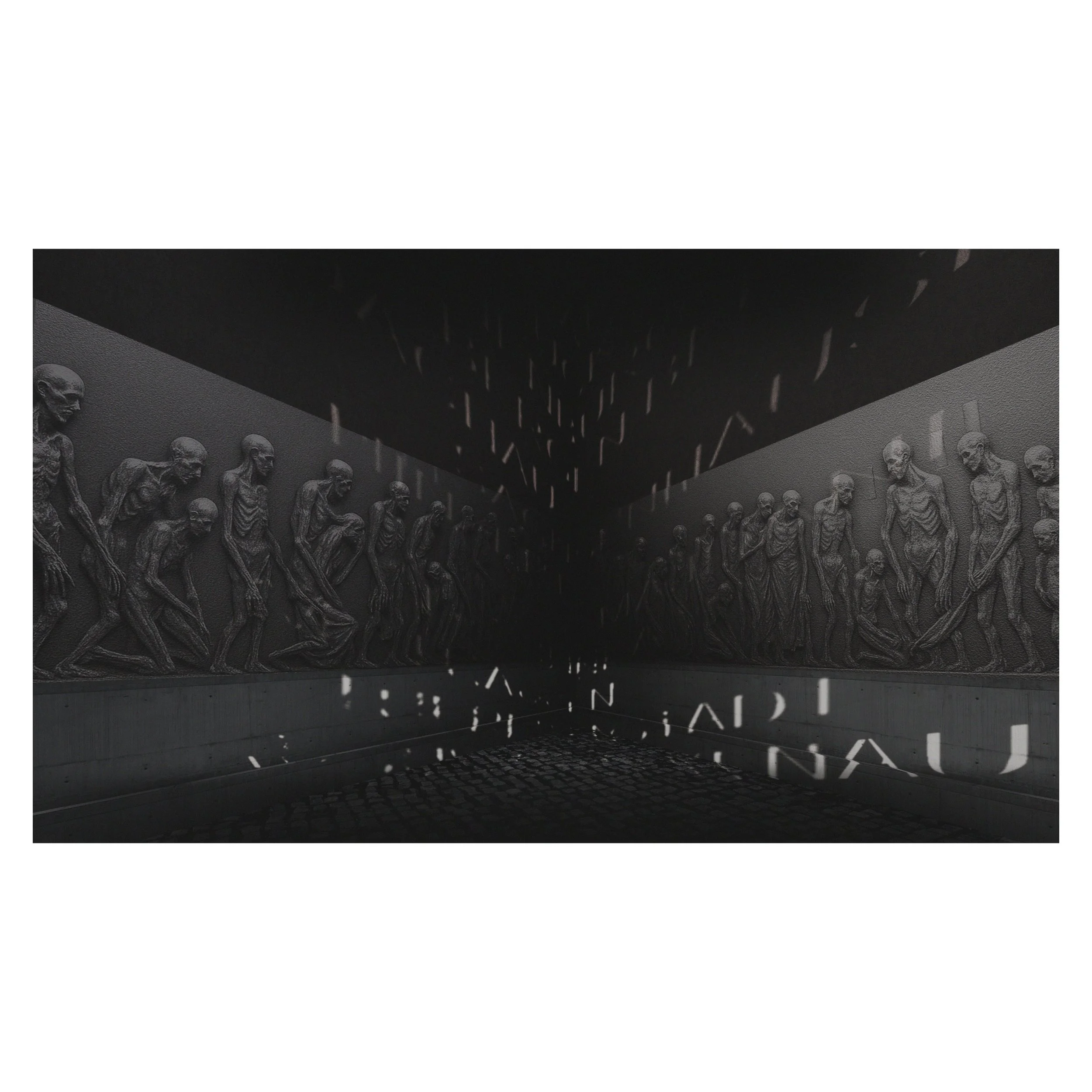 Murs en pierre avec des sculptures de squelettes humains alignés ainsi qu'un écriteau indiquant 'LE MEMORIAL DES SKELETTES'.