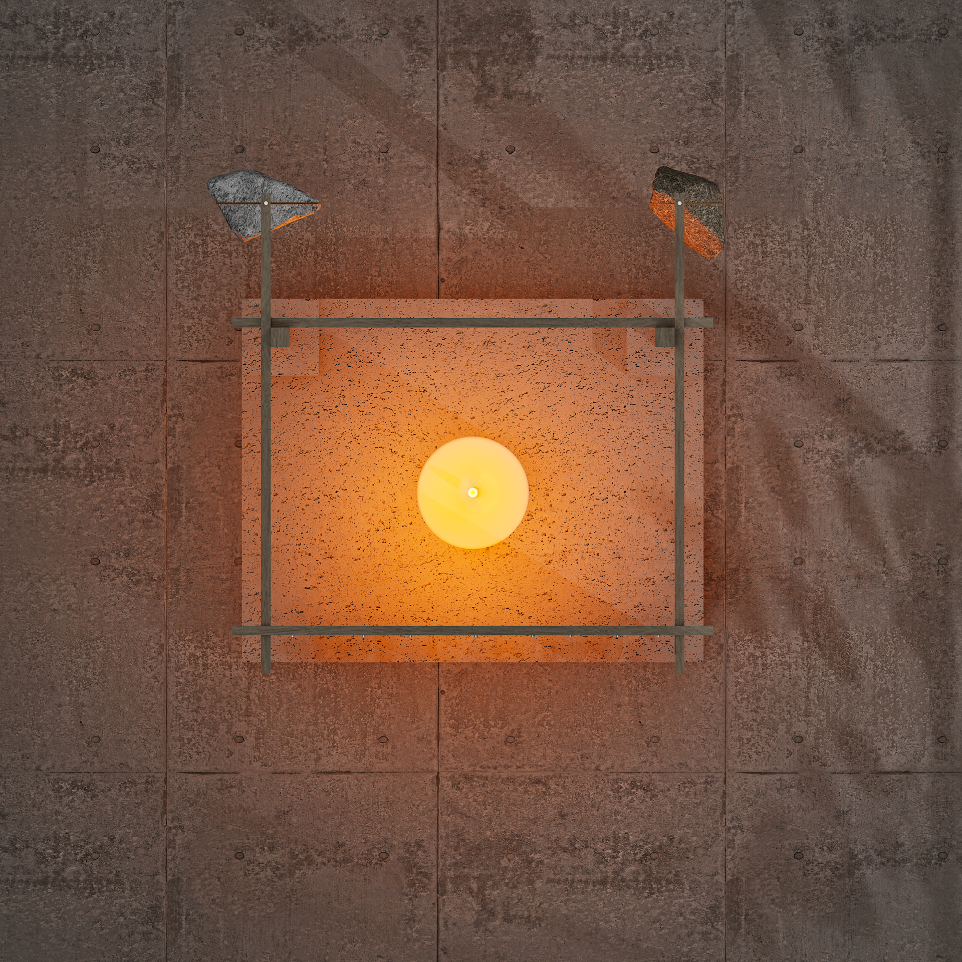 Une lampe ronde jaune éclairant un mur de pierre. Au-dessus, un cadre en métal avec des pierres en forme d'angle et un fil orange.