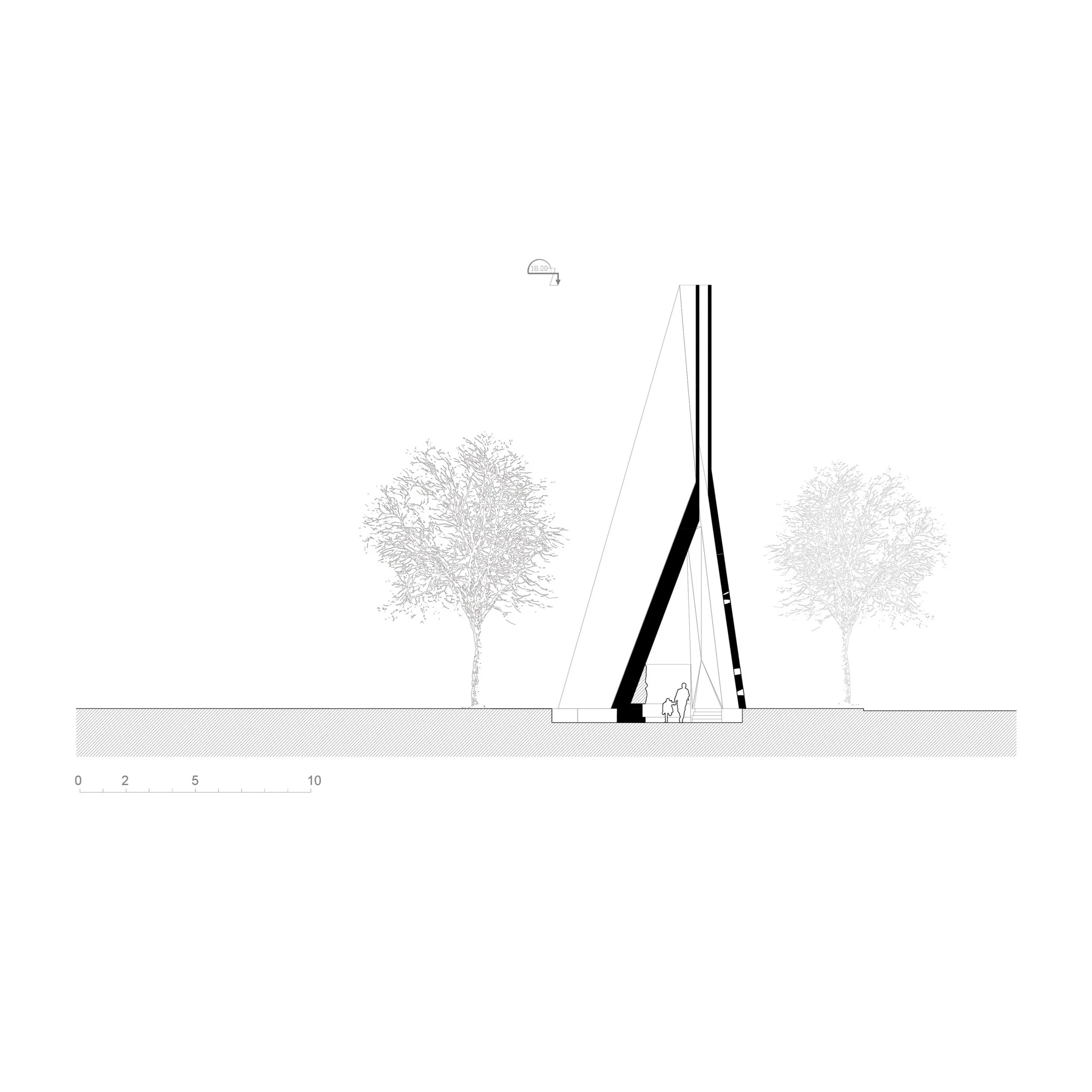 Une illustration technique d'une sculpture ou d'une structure en forme de flèche longue et fine, avec deux personnes en bas à gauche, entourée d'arbres dépeints de manière minimaliste sous forme de croquis.