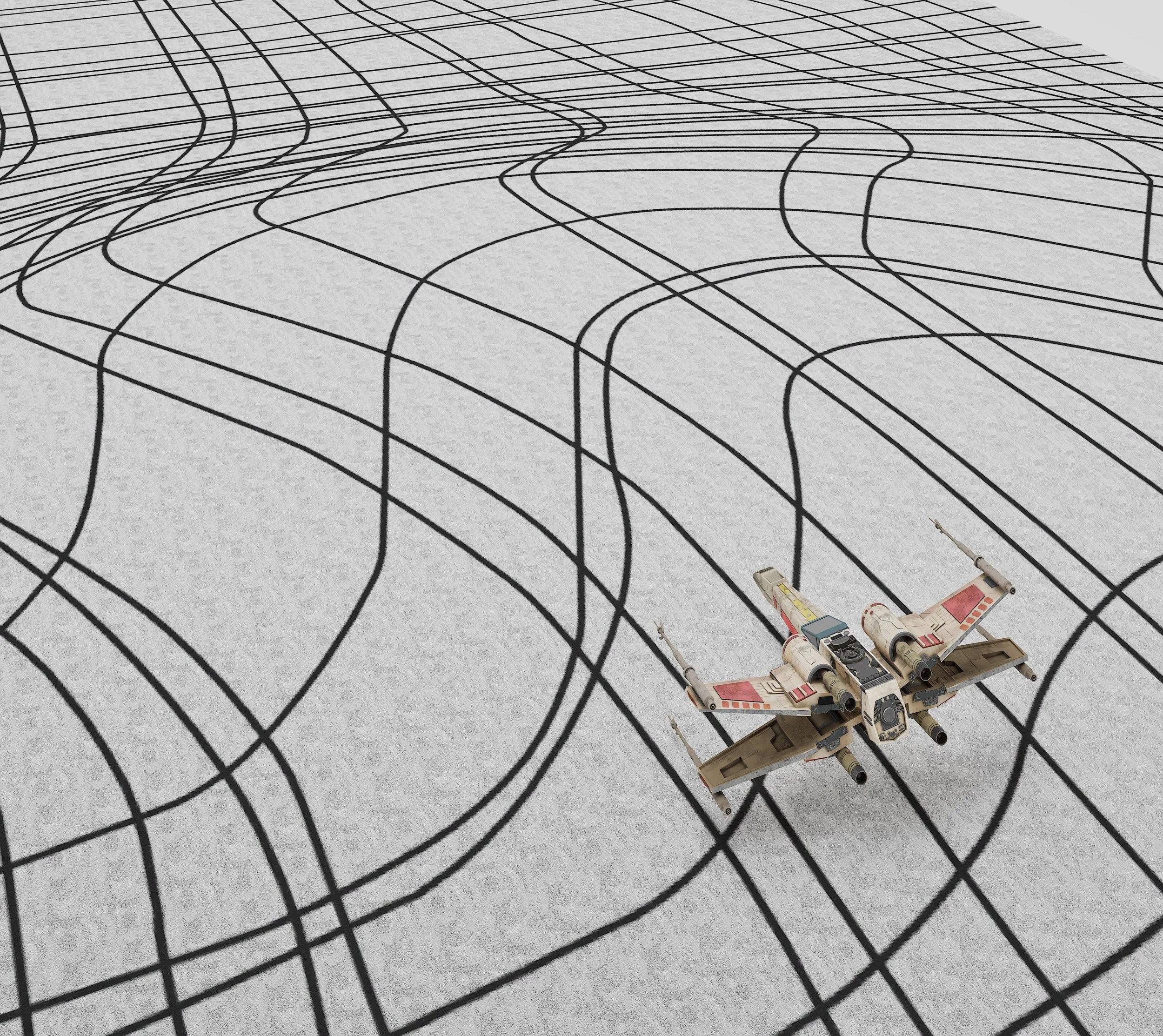 Une maquette architecturale en 3D d'un bâtiment futuriste placé sur un sol avec un motif de grille noir et blanc, accompagnée de petits véhicules de modélisme situés en bas à droite.