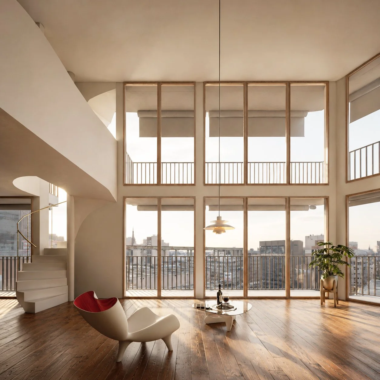 Intérieur d'un appartement moderne avec de grandes fenêtres, un fauteuil blanc avec intérieur rouge, une petite table avec des bouteilles et des verres, un plante verte et un escalier en colimaçon.