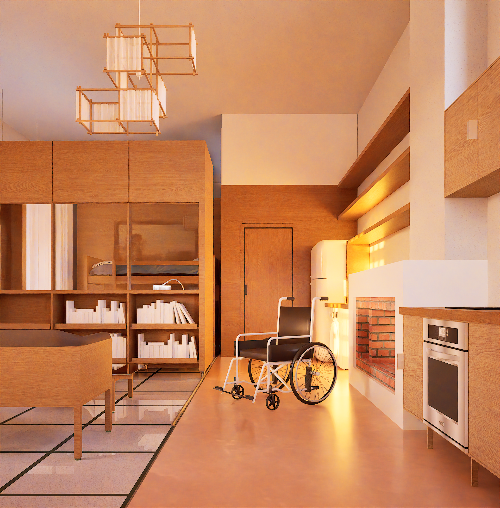 Intérieur moderne avec mobilier en bois clair, étagères remplies de livres blancs, fauteuil roulant noir et blanc près du mur, cheminée en briques, et cuisine intégrée avec four et micro-ondes.