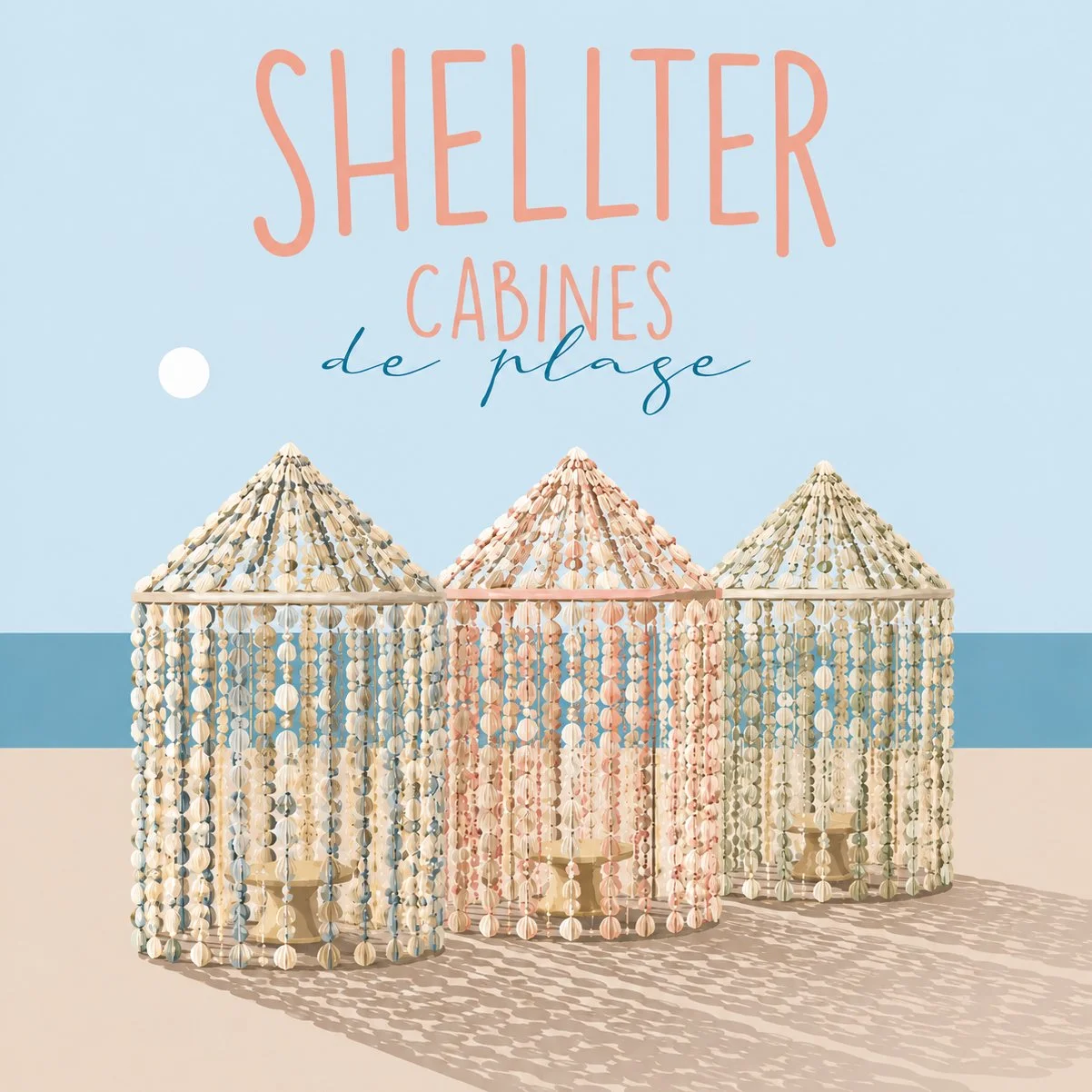 Trois cabanes de plage en forme de dômes, décorées de coquillages, avec un fond coloré et le texte 'Shelter cabines de plage' écrit en haut.