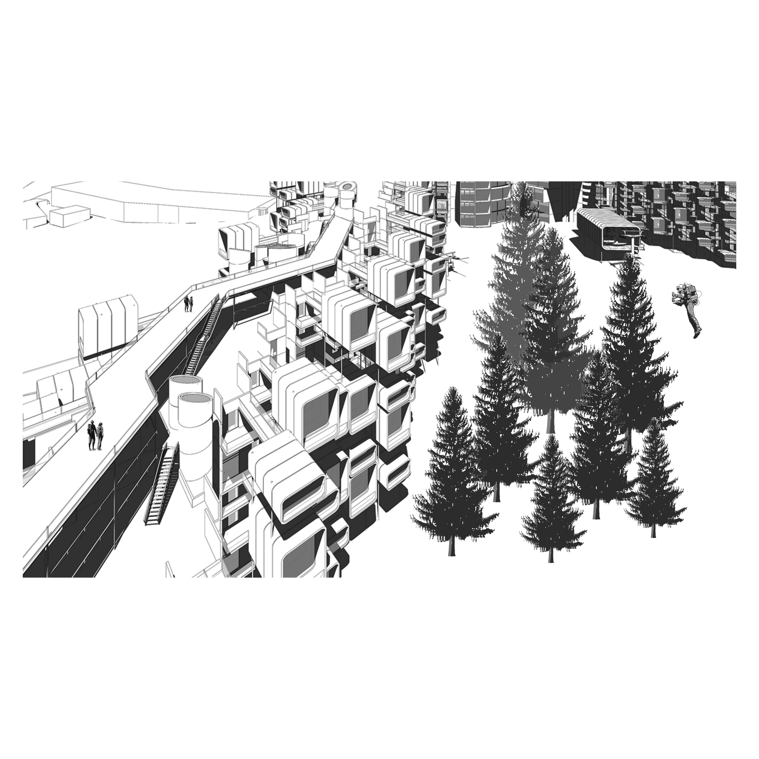 Esquisse architecturale d'un bâtiment futuriste avec structures géométriques complexes, entouré d'arbres, avec deux personnes en bas à gauche.