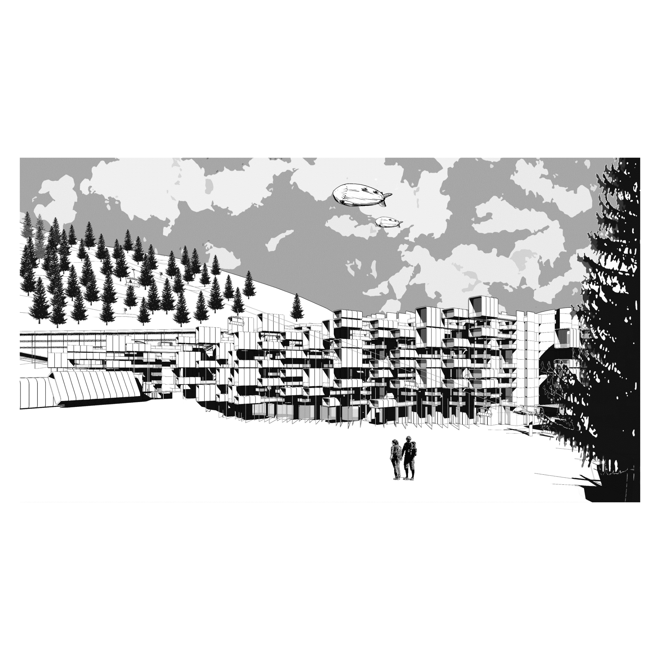 Un paysage urbain avec des bâtiments modernes, une forêt de conifères au premier plan, deux personnes marchant, et des montgolfières flottant dans le ciel.