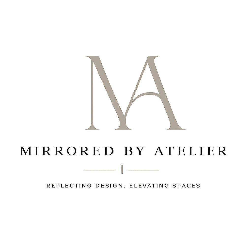 Logo for Mirrored by Atelier with a large stylized letter M, text 'Mirrored by Atelier', and a tagline 'Reflecting Design. Elevating Spaces' on a distorted background.