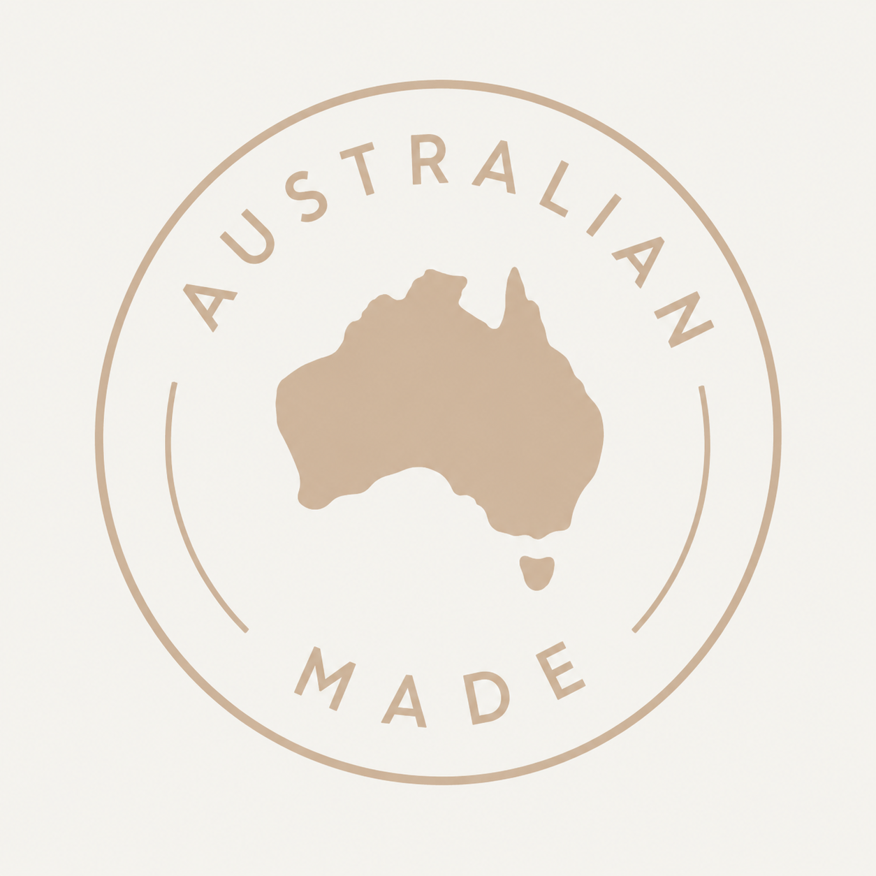 A circular emblem with a beige outline, featuring a beige silhouette of Australia in the center. The words 'AUSTRALIAN MADE' are curved around the top and bottom of the circle.