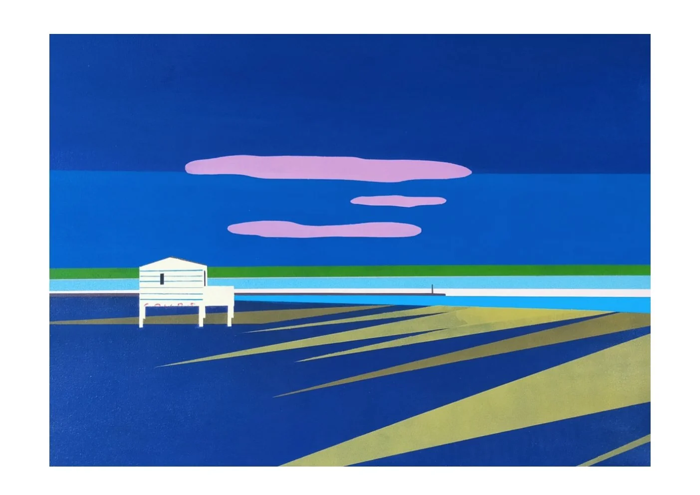 A stylized landscape featuring a white beach house with a sign that reads "CAMPING" on a grassy area, a body of water, a shoreline, and a sky with three pink clouds at dusk or dawn.