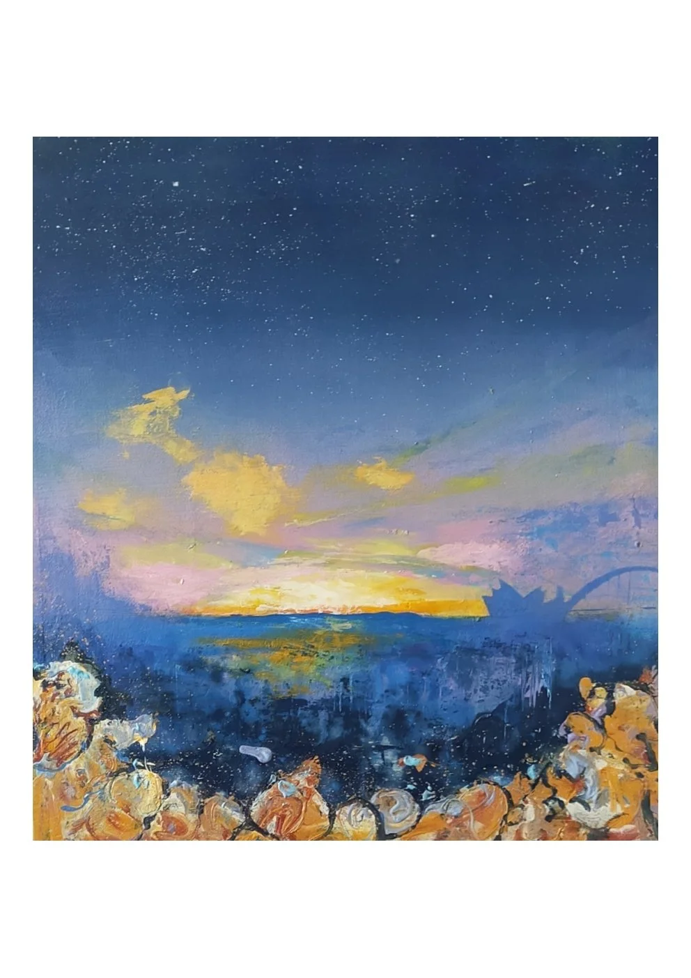 A colorful painting of a sunset over the ocean with a star-filled sky, clouds, and rocks in the foreground.