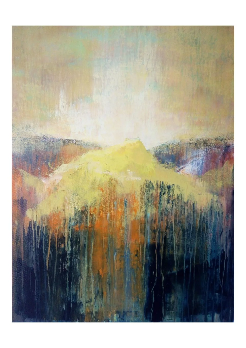 Abstract landscape painting with a yellow mountain and a reflection in water, with muted pastel and dark colors.