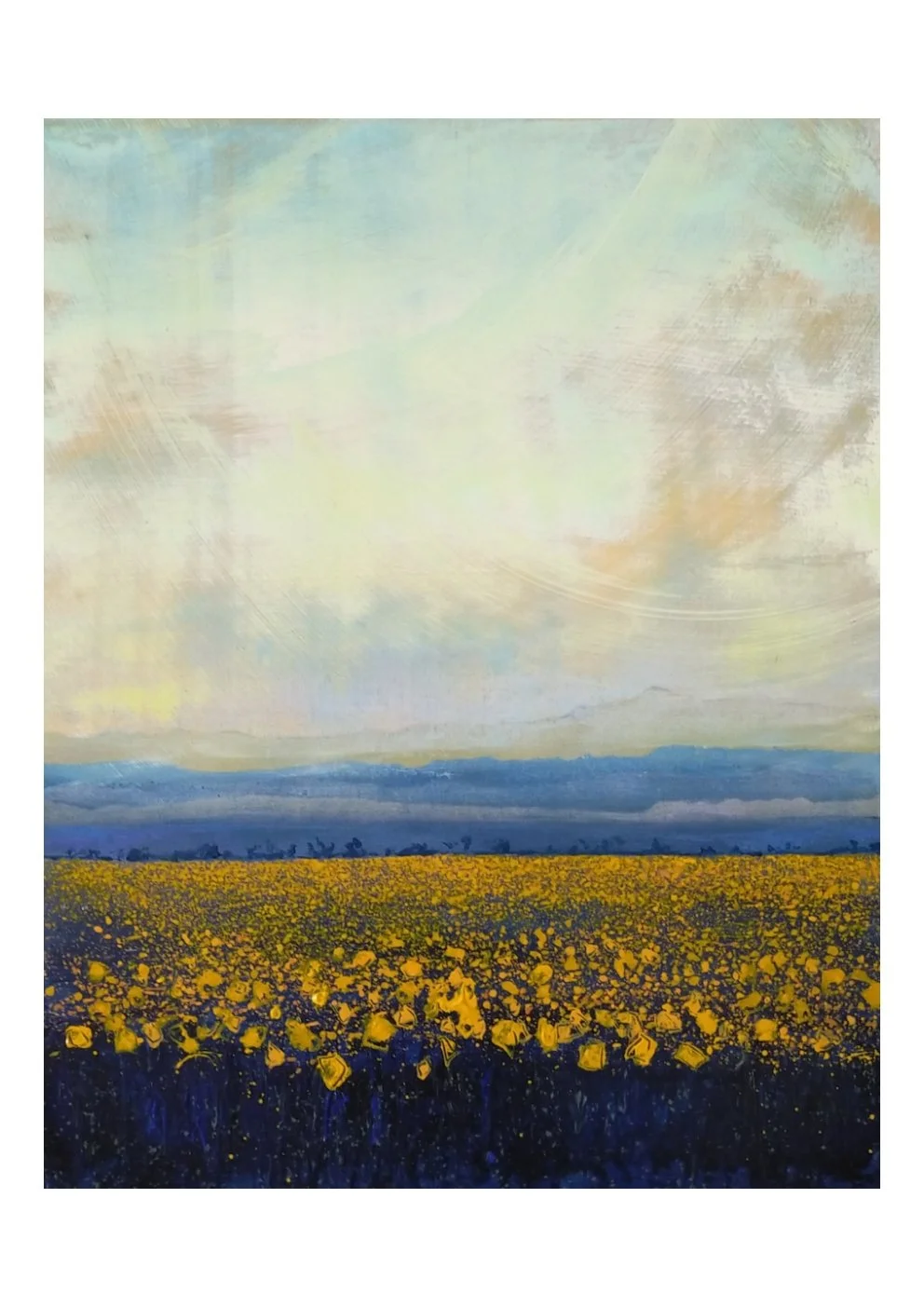 Painting of a vast field of yellow flowers with distant mountains and a cloudy sky.