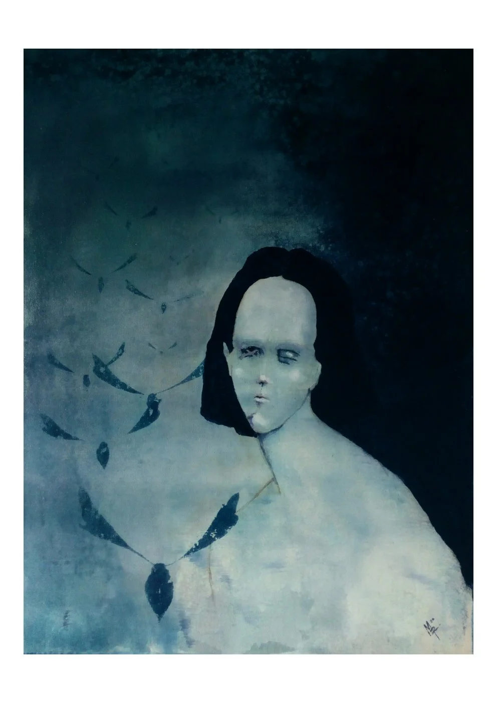 A surreal painting of a woman with a pale face and half-closed eyes, with black hair and a chain of dark leaves or feathers around her neck against a dark, moody background.
