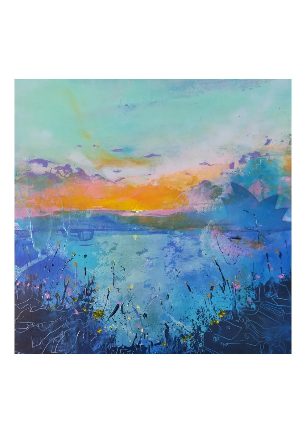 Digital painting of a landscape at sunset with water, trees, and sky in pastel colors.