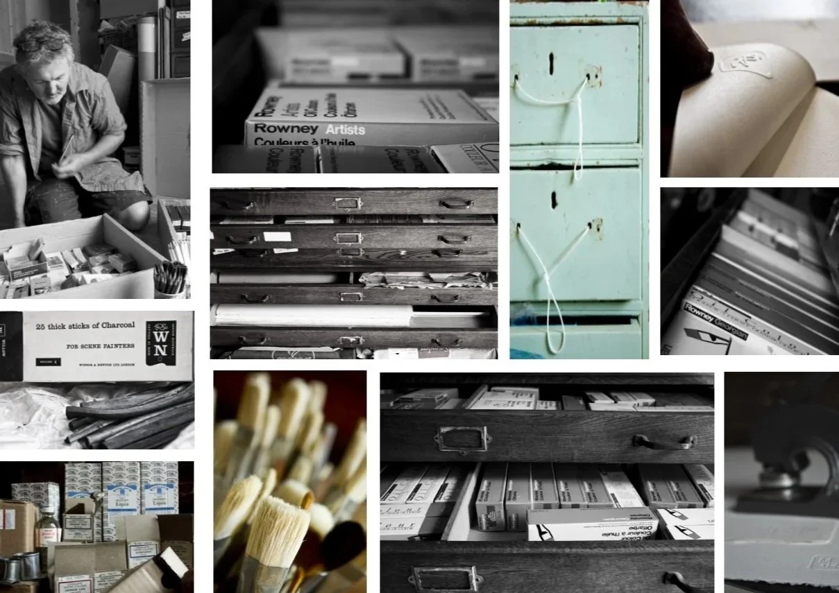 Collage of art supplies and storage units, including paint brushes, boxes of art materials, and drawers filled with art supplies, in both color and black-and-white images.